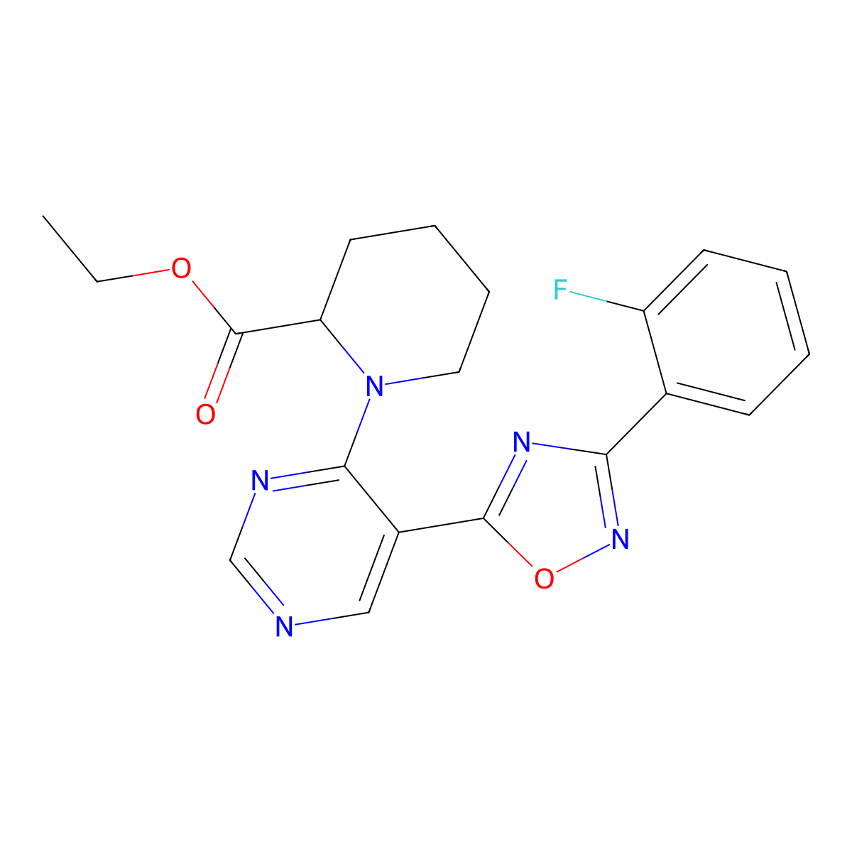 Ethyl 1-(5-(3-(2-fluorophenyl)-1,2,4-oxadiazol-5-yl)pyrimidin-4-yl)piperidine-2-carboxylate molecular structure, CAS 2034200-43-4