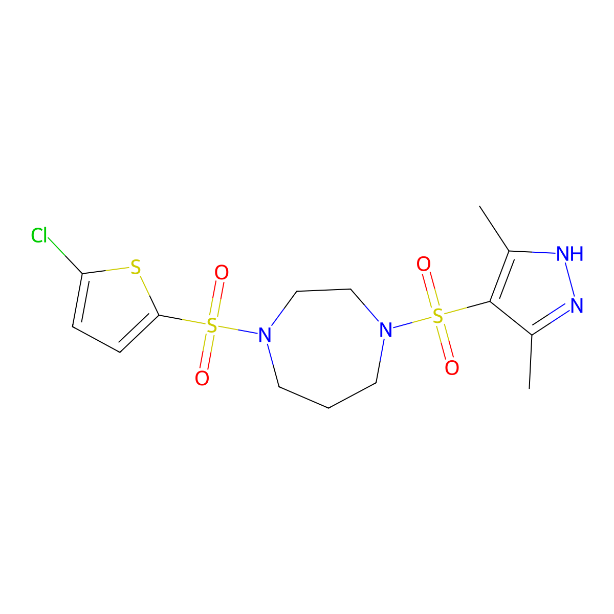 1-((5-chlorothiophen-2-yl)sulfonyl)-4-((3,5-dimethyl-1H-pyrazol-4-yl)sulfonyl)-1,4-diazepane molecular structure, CAS 2034200-44-5