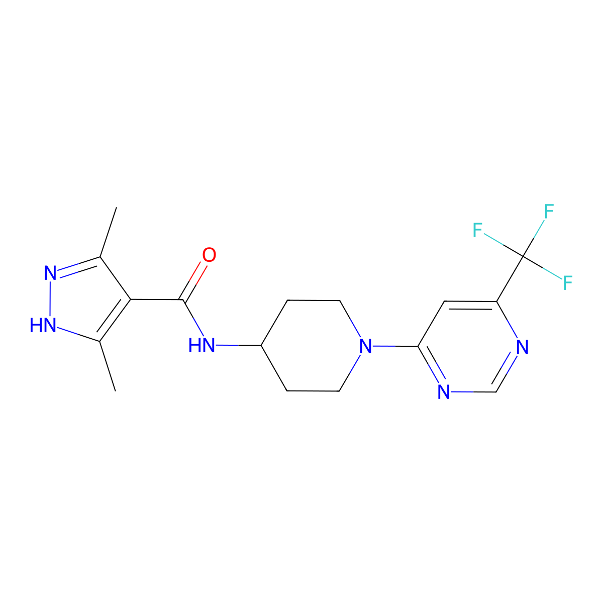 3,5-dimethyl-N-(1-(6-(trifluoromethyl)pyrimidin-4-yl)piperidin-4-yl)-1H-pyrazole-4-carboxamide molecular structure, CAS 2034200-47-8