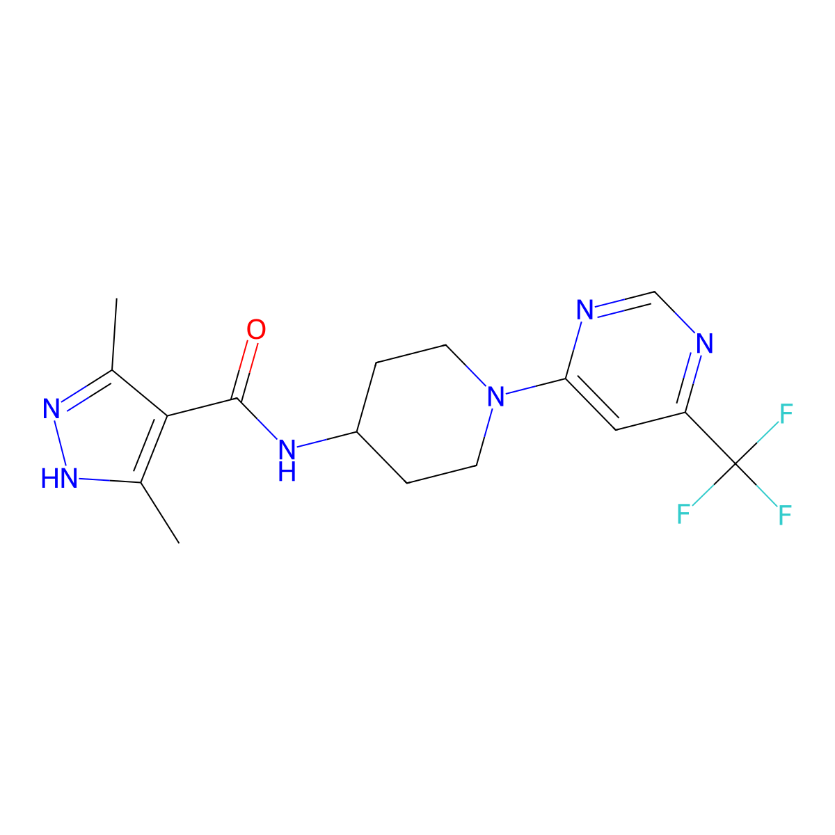 3,5-dimethyl-N-(1-(6-(trifluoromethyl)pyrimidin-4-yl)piperidin-4-yl)-1H-pyrazole-4-carboxamide molecular structure, CAS 2034200-47-8