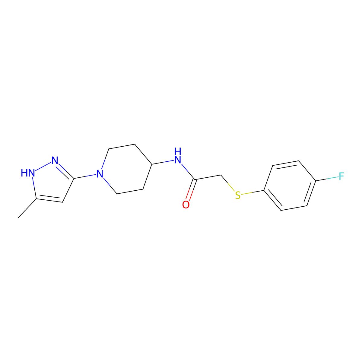 2-((4-fluorophenyl)thio)-N-(1-(5-methyl-1H-pyrazol-3-yl)piperidin-4-yl)acetamide molecular structure, CAS 2034200-56-9