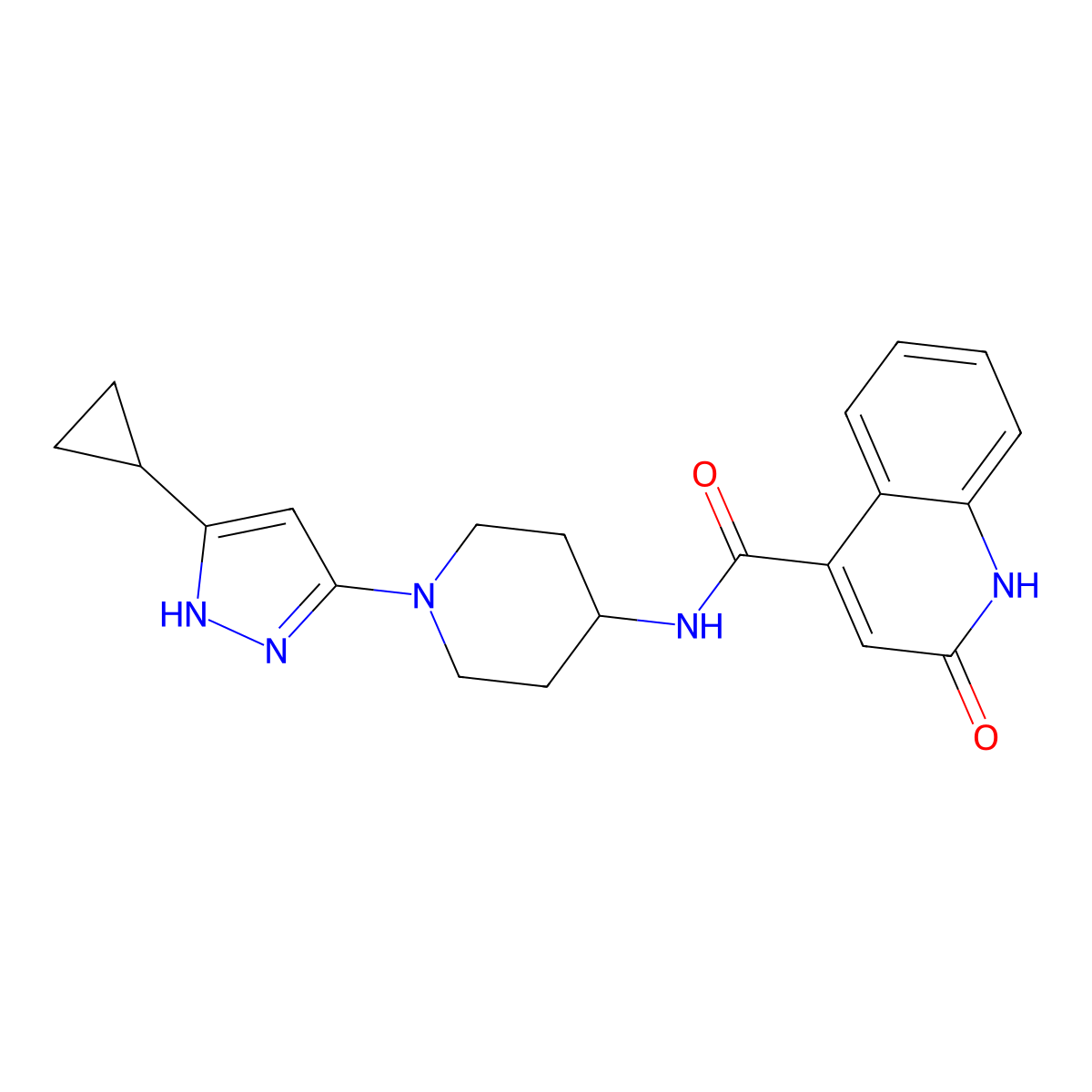 N-(1-(5-cyclopropyl-1H-pyrazol-3-yl)piperidin-4-yl)-2-hydroxyquinoline-4-carboxamide molecular structure, CAS 2034200-57-0