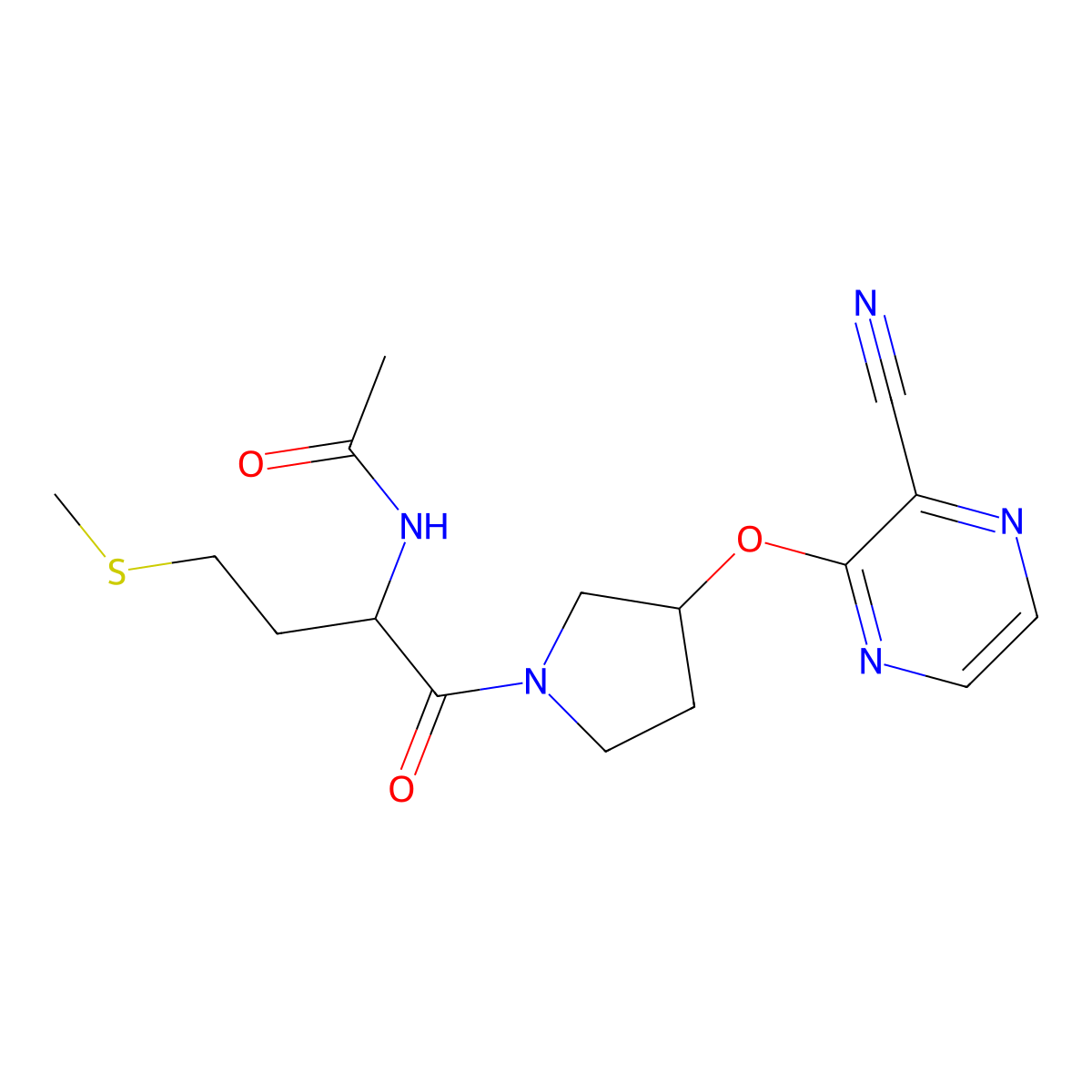 N-(1-(3-((3-cyanopyrazin-2-yl)oxy)pyrrolidin-1-yl)-4-(methylthio)-1-oxobutan-2-yl)acetamide molecular structure, CAS 2034200-58-1