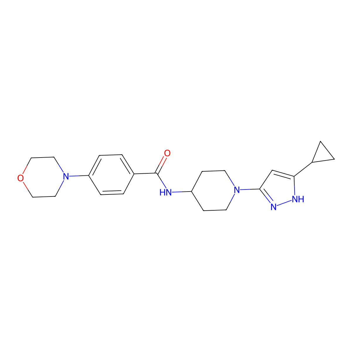 N-(1-(5-cyclopropyl-1H-pyrazol-3-yl)piperidin-4-yl)-4-morpholinobenzamide molecular structure, CAS 2034200-63-8