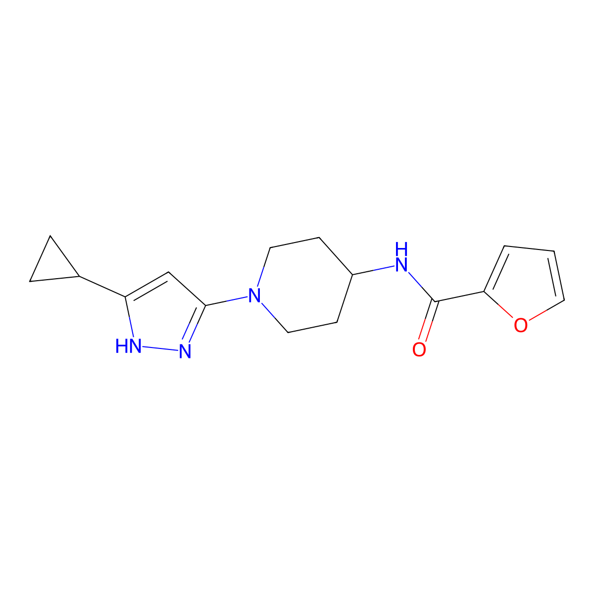 N-[1-(5-cyclopropyl-1H-pyrazol-3-yl)piperidin-4-yl]furan-2-carboxamide molecular structure, CAS 2034200-65-0