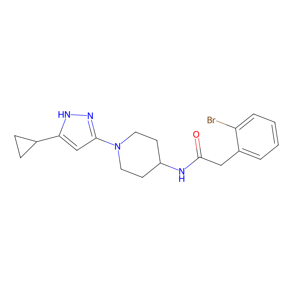 2-(2-bromophenyl)-N-[1-(5-cyclopropyl-1H-pyrazol-3-yl)piperidin-4-yl]acetamide molecular structure, CAS 2034200-68-3