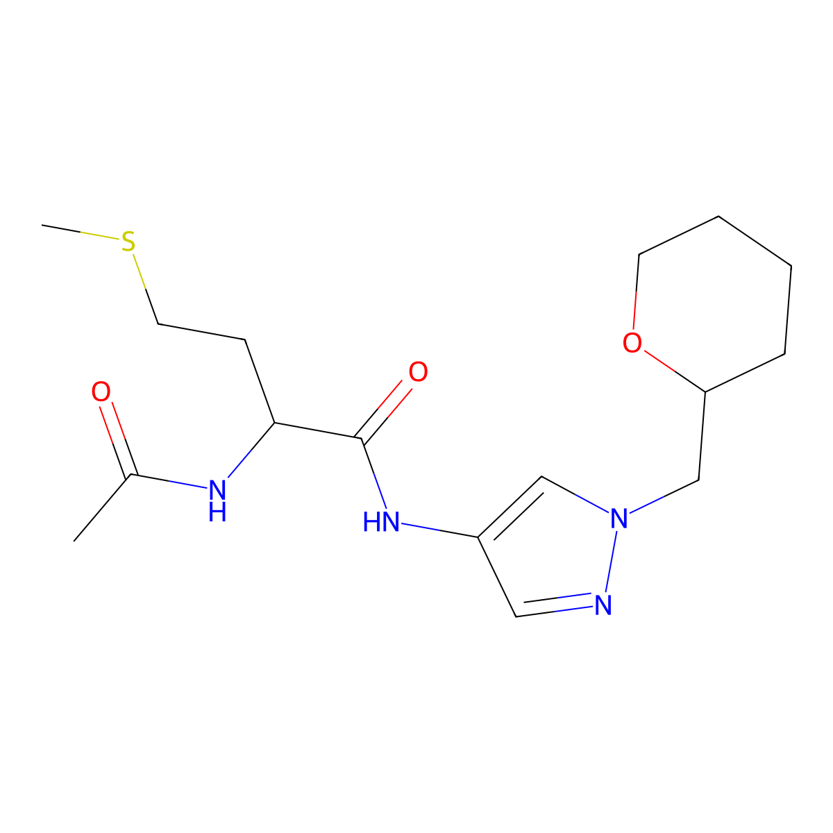 2-acetamido-4-(methylsulfanyl)-N-{1-[(oxan-2-yl)methyl]-1H-pyrazol-4-yl}butanamide molecular structure, CAS 2034200-69-4