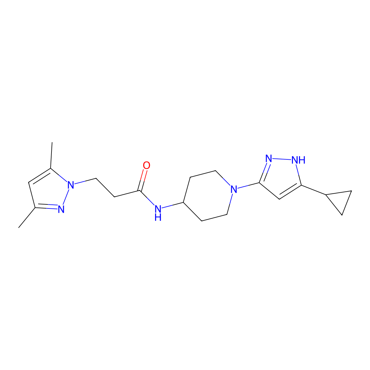 N-[1-(5-cyclopropyl-1H-pyrazol-3-yl)piperidin-4-yl]-3-(3,5-dimethyl-1H-pyrazol-1-yl)propanamide molecular structure, CAS 2034200-70-7