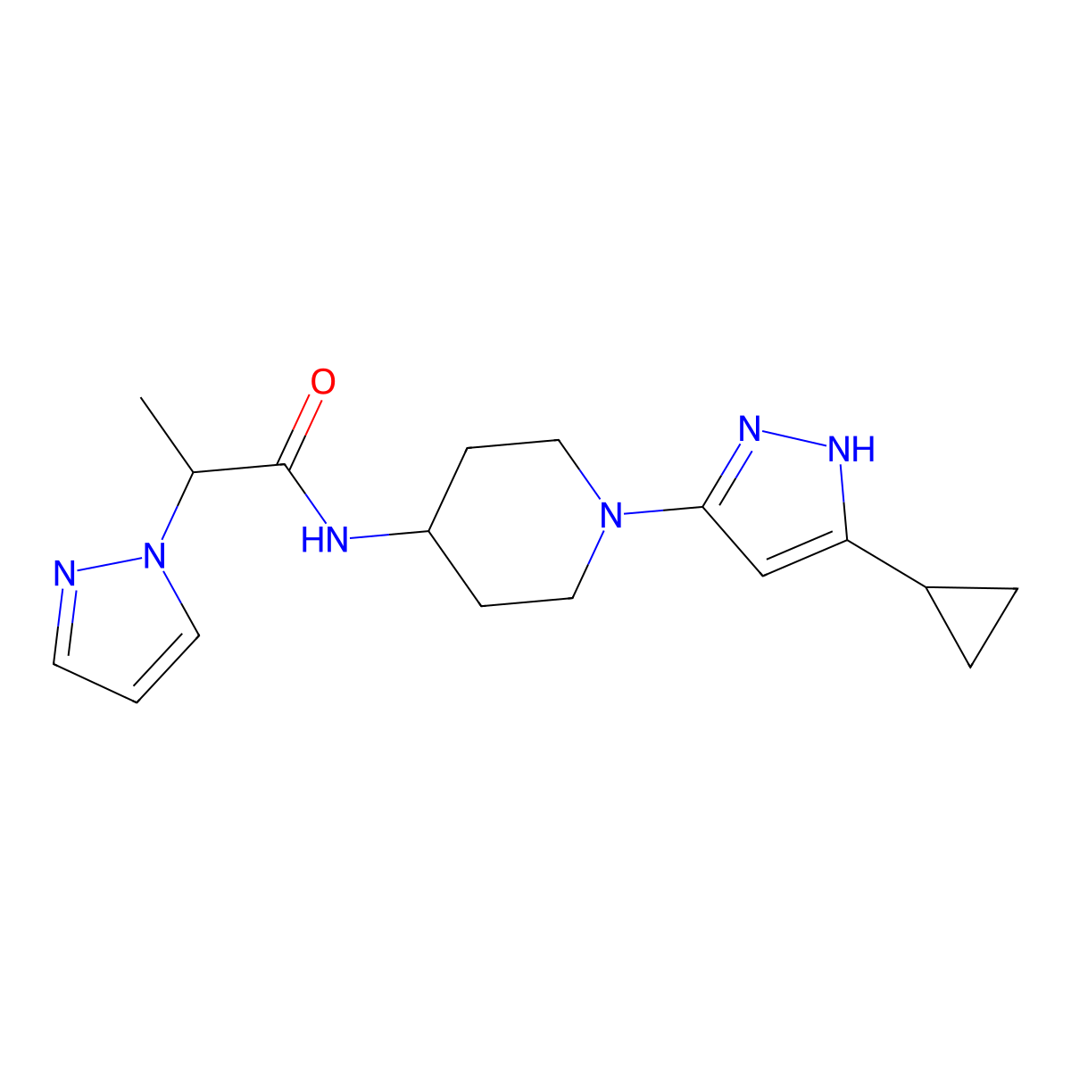 N-(1-(5-cyclopropyl-1H-pyrazol-3-yl)piperidin-4-yl)-2-(1H-pyrazol-1-yl)propanamide molecular structure, CAS 2034200-71-8