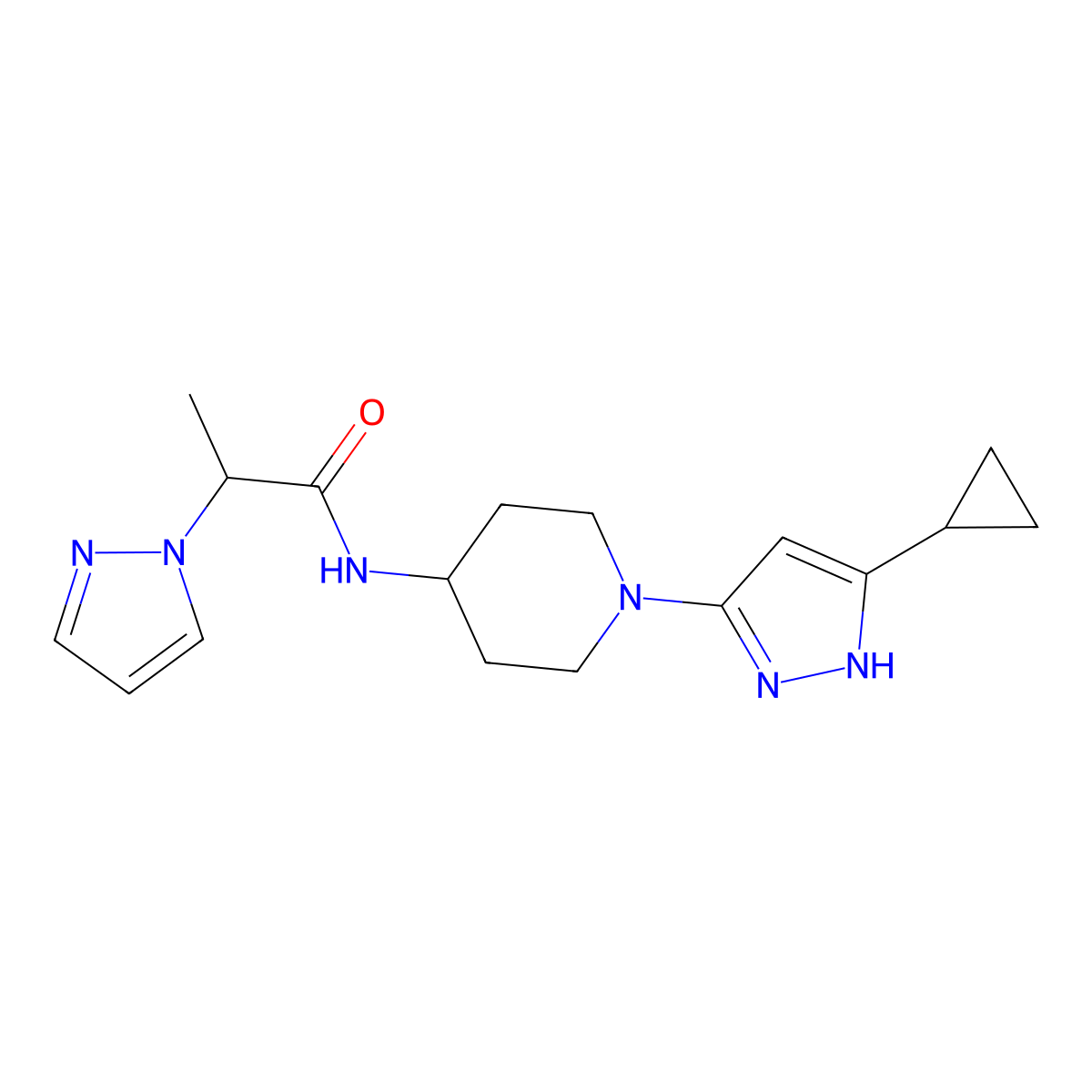 N-(1-(5-cyclopropyl-1H-pyrazol-3-yl)piperidin-4-yl)-2-(1H-pyrazol-1-yl)propanamide molecular structure, CAS 2034200-71-8