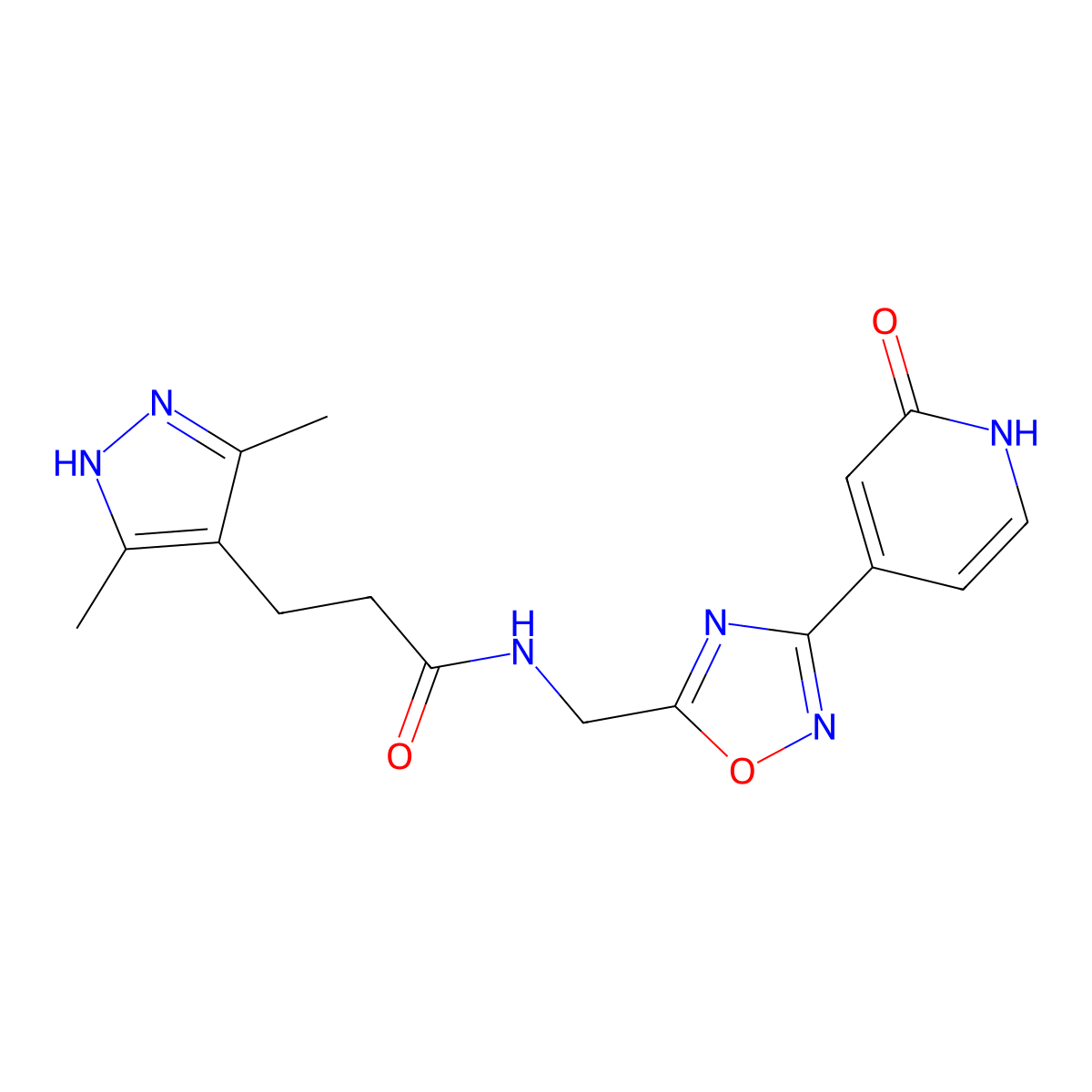 3-(3,5-dimethyl-1H-pyrazol-4-yl)-N-((3-(2-oxo-1,2-dihydropyridin-4-yl)-1,2,4-oxadiazol-5-yl)methyl)propanamide molecular structure, CAS 2034200-72-9