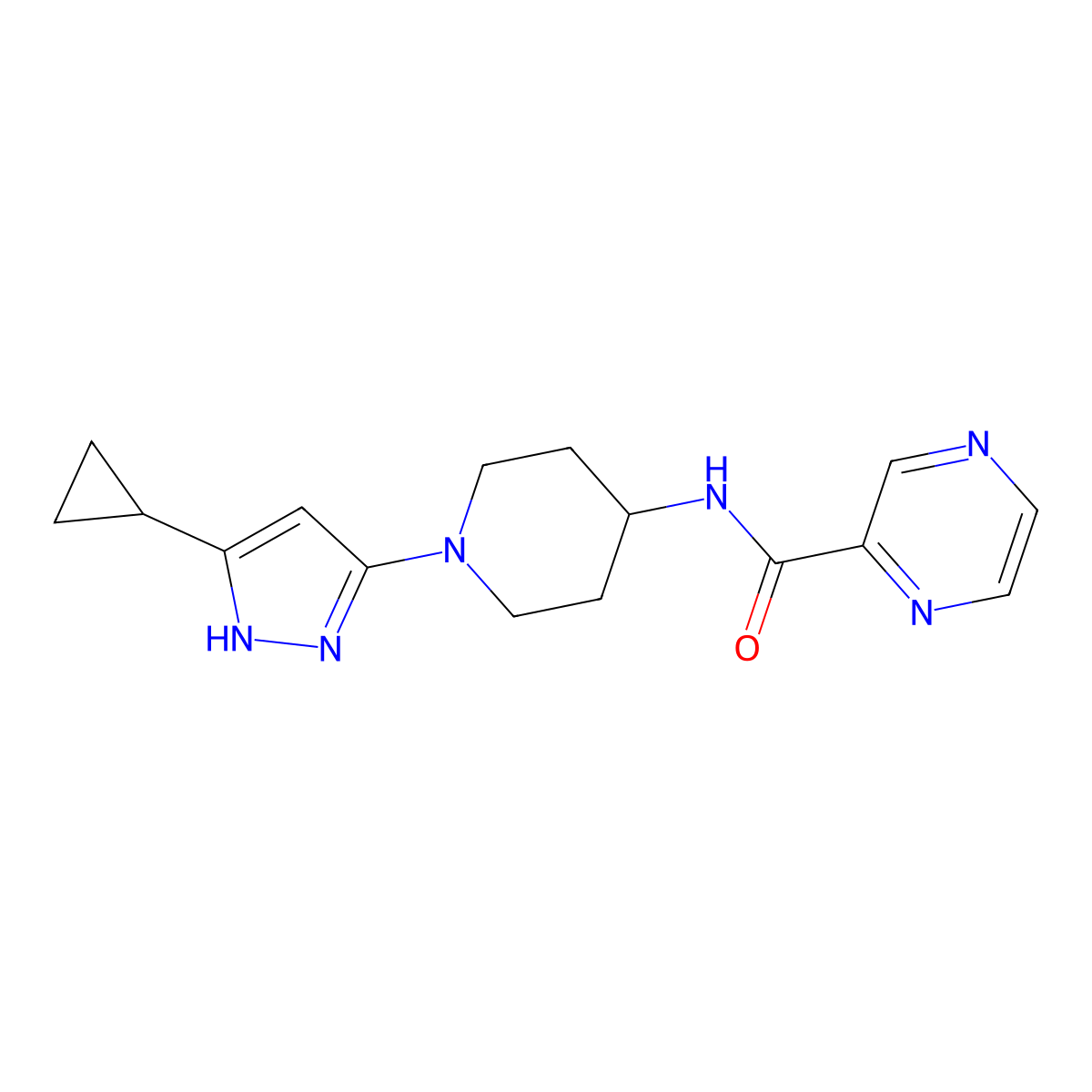 N-[1-(5-cyclopropyl-1H-pyrazol-3-yl)piperidin-4-yl]pyrazine-2-carboxamide molecular structure, CAS 2034200-73-0