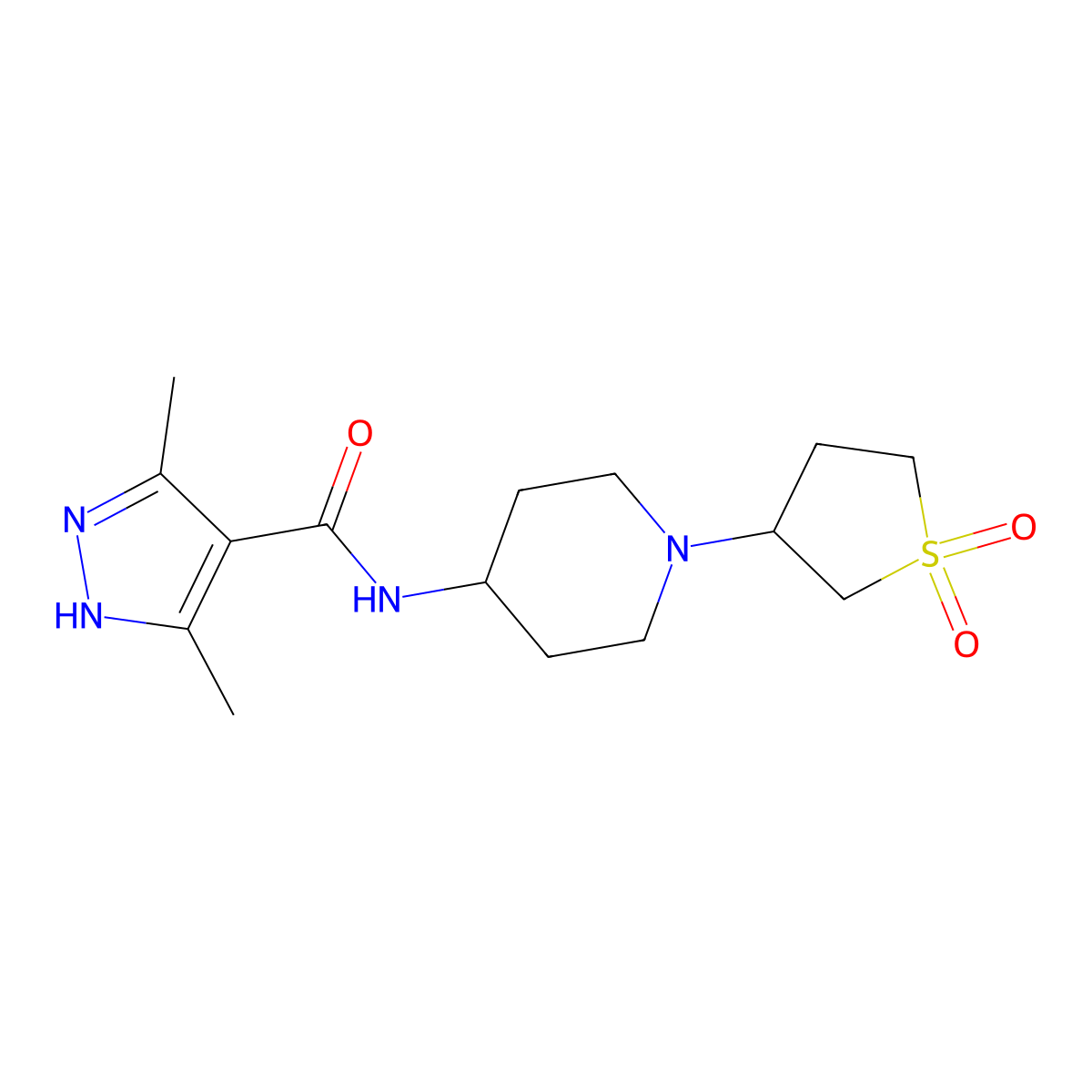 N-(1-(1,1-dioxidotetrahydrothiophen-3-yl)piperidin-4-yl)-3,5-dimethyl-1H-pyrazole-4-carboxamide molecular structure, CAS 2034200-79-6