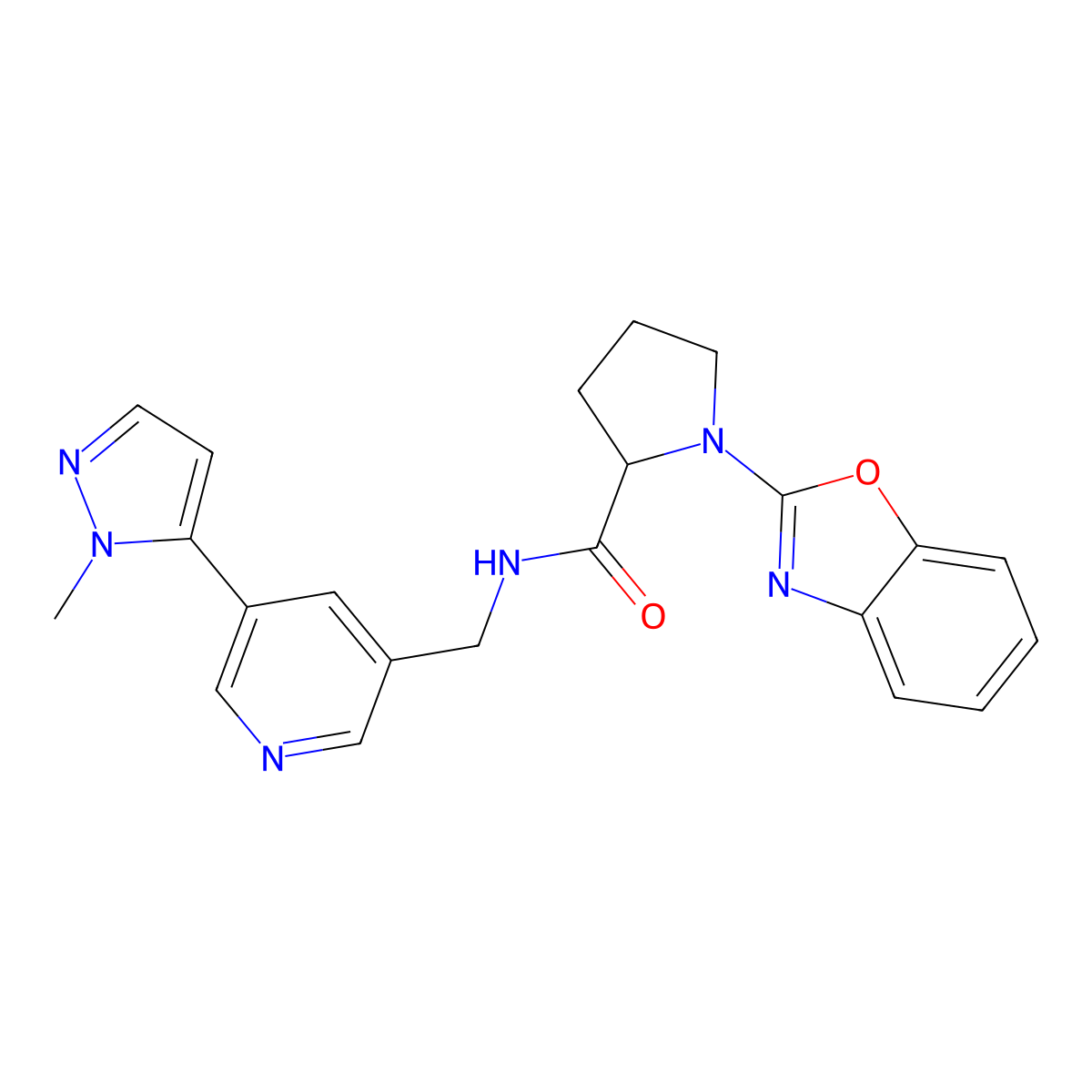 1-(benzo[d]oxazol-2-yl)-N-((5-(1-methyl-1H-pyrazol-5-yl)pyridin-3-yl)methyl)pyrrolidine-2-carboxamide molecular structure, CAS 2034200-82-1