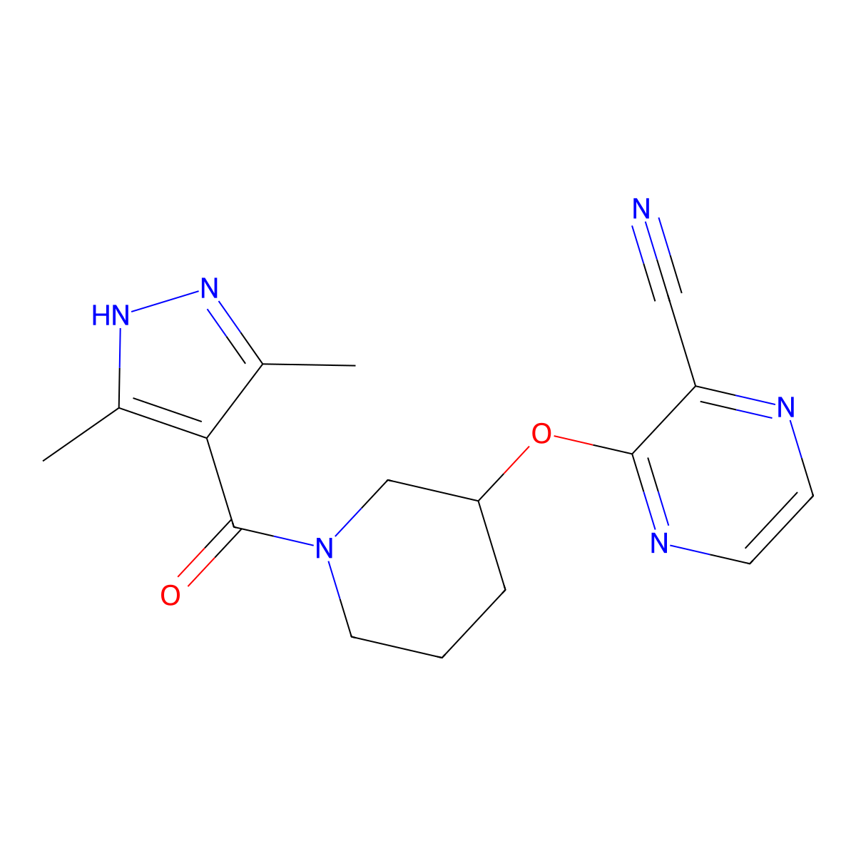 3-{[1-(3,5-dimethyl-1H-pyrazole-4-carbonyl)piperidin-3-yl]oxy}pyrazine-2-carbonitrile molecular structure, CAS 2034200-85-4