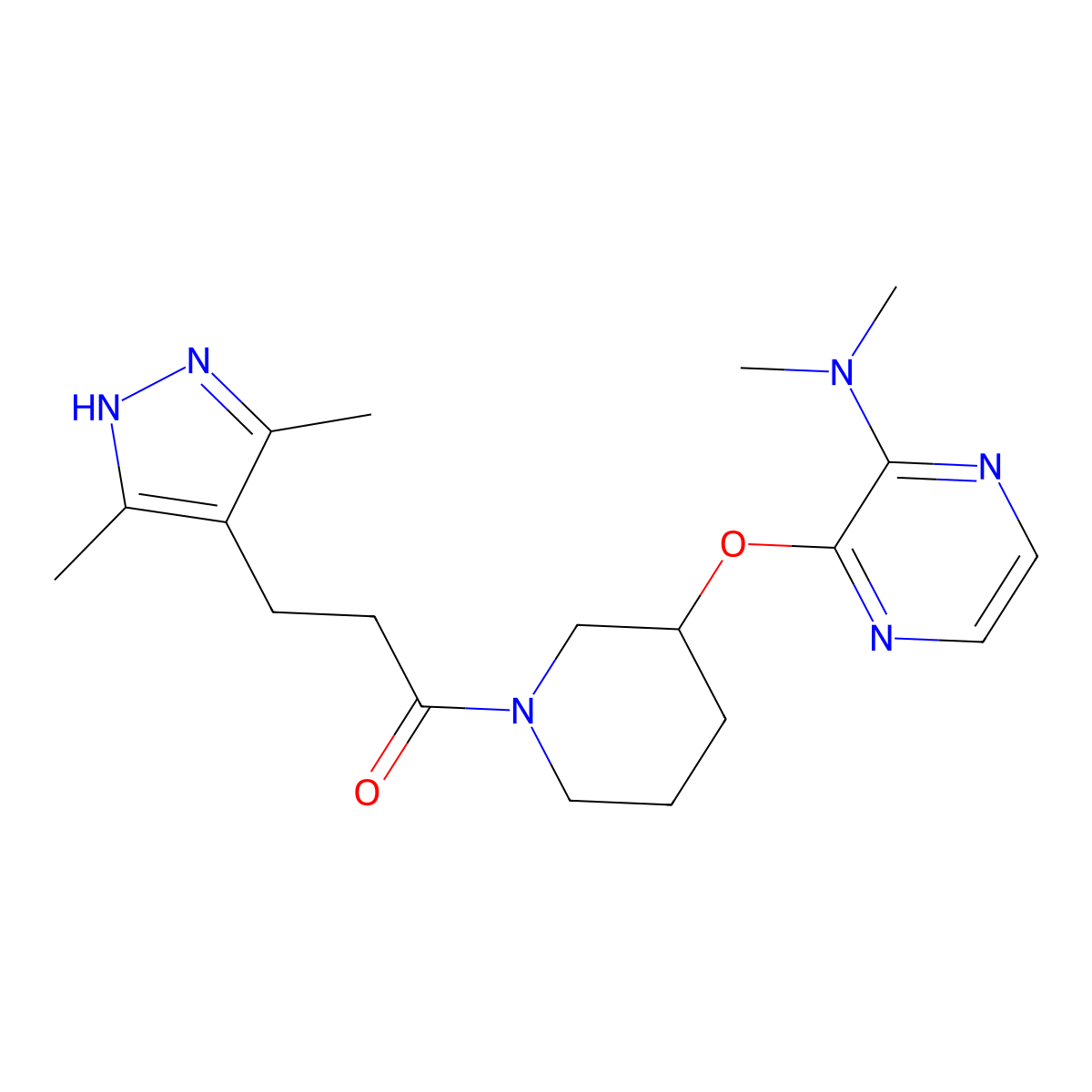 3-(3,5-dimethyl-1H-pyrazol-4-yl)-1-(3-((3-(dimethylamino)pyrazin-2-yl)oxy)piperidin-1-yl)propan-1-one molecular structure, CAS 2034200-92-3