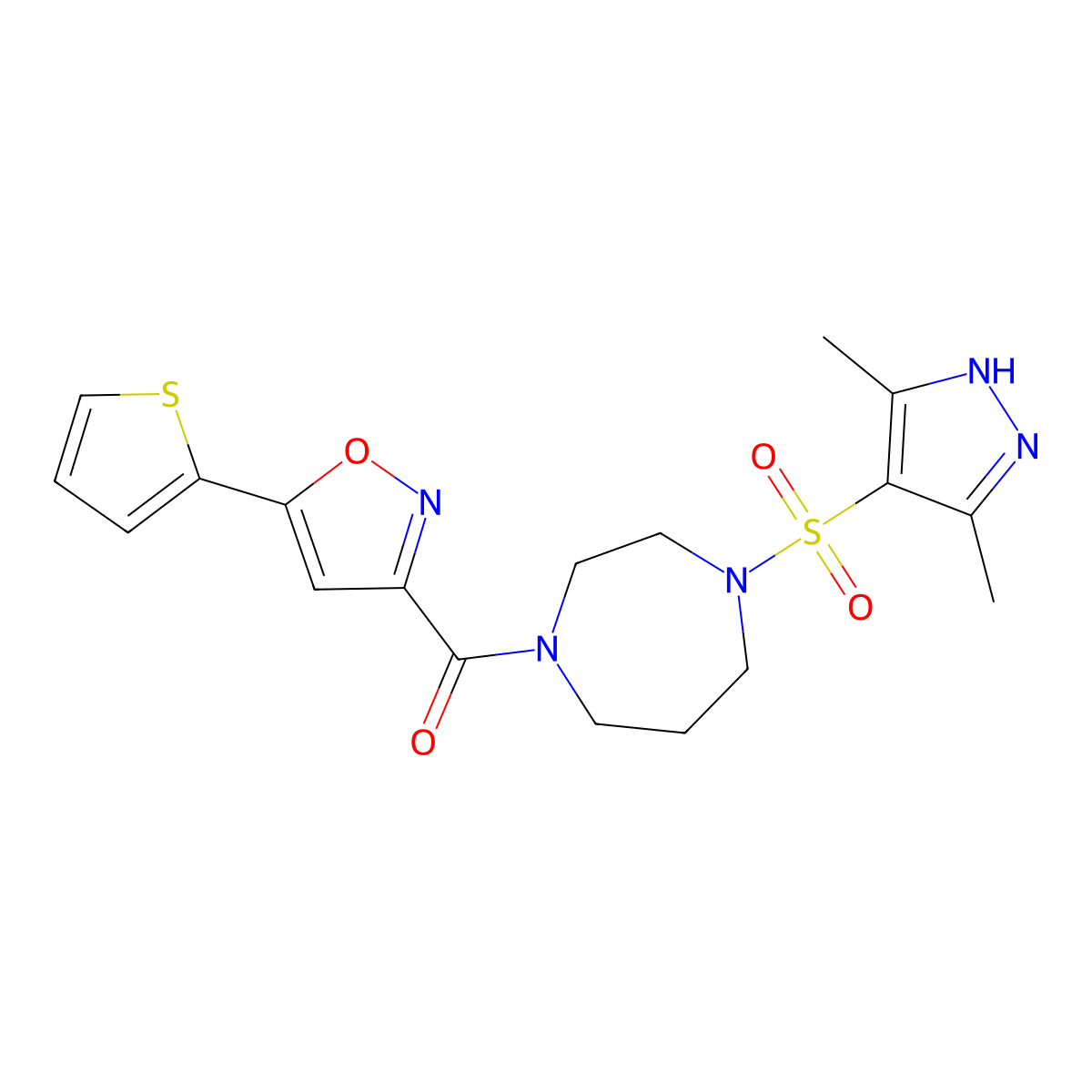 (4-((3,5-dimethyl-1H-pyrazol-4-yl)sulfonyl)-1,4-diazepan-1-yl)(5-(thiophen-2-yl)isoxazol-3-yl)methanone molecular structure, CAS 2034200-93-4