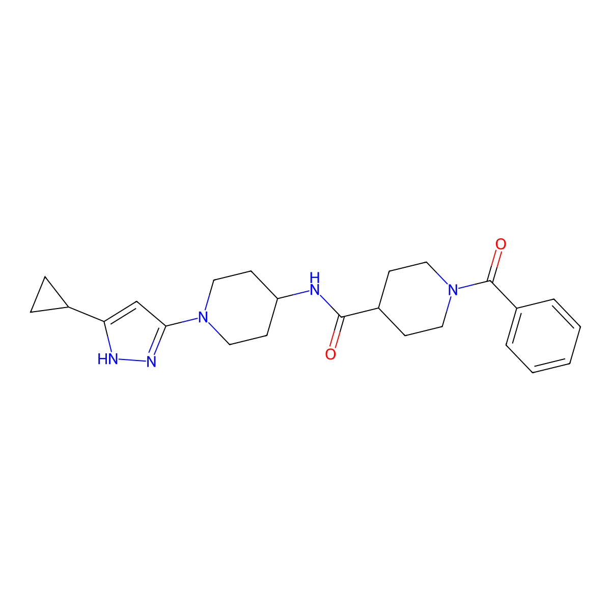 1-benzoyl-N-[1-(5-cyclopropyl-1H-pyrazol-3-yl)piperidin-4-yl]piperidine-4-carboxamide molecular structure, CAS 2034200-95-6