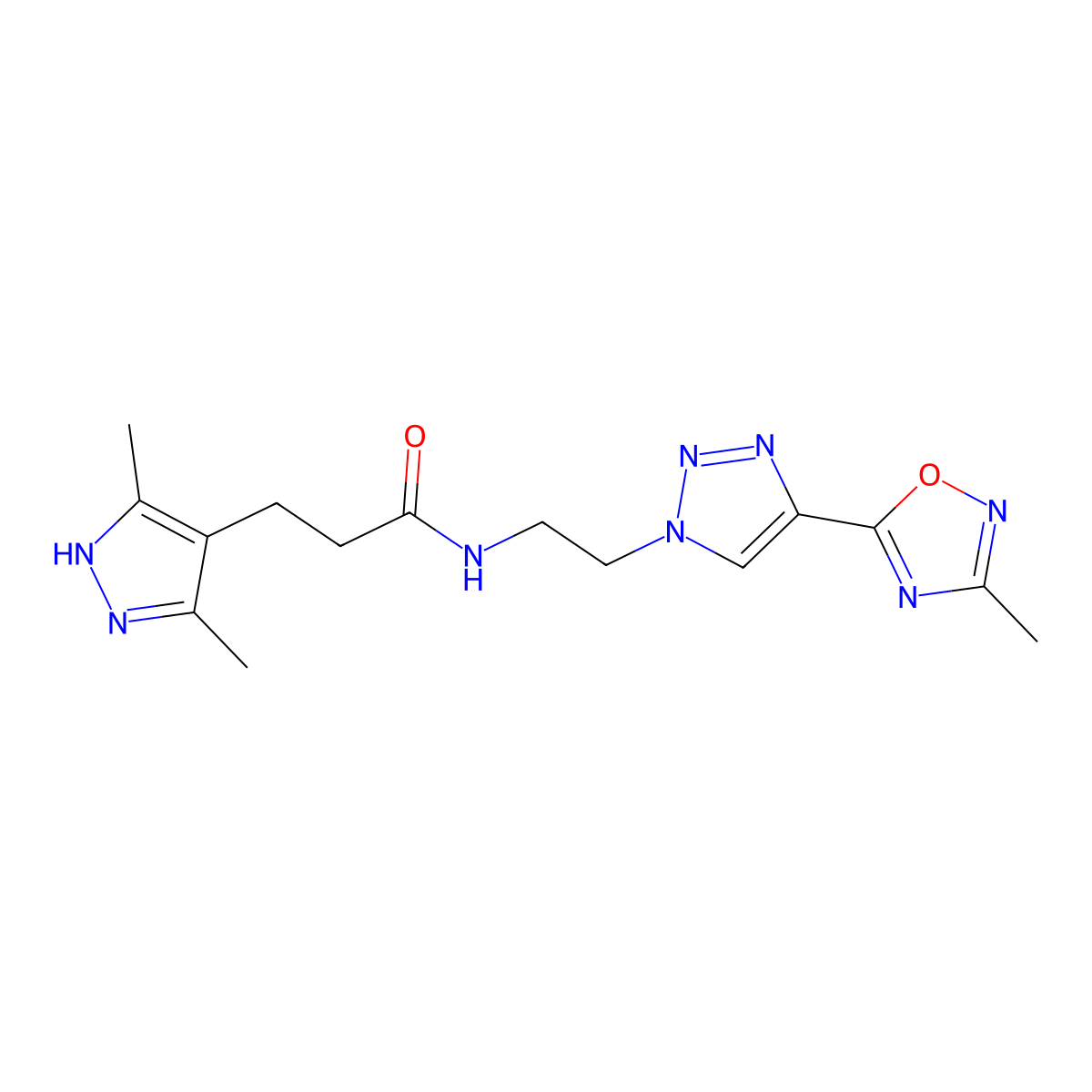 3-(3,5-dimethyl-1H-pyrazol-4-yl)-N-(2-(4-(3-methyl-1,2,4-oxadiazol-5-yl)-1H-1,2,3-triazol-1-yl)ethyl)propanamide molecular structure, CAS 2034200-97-8