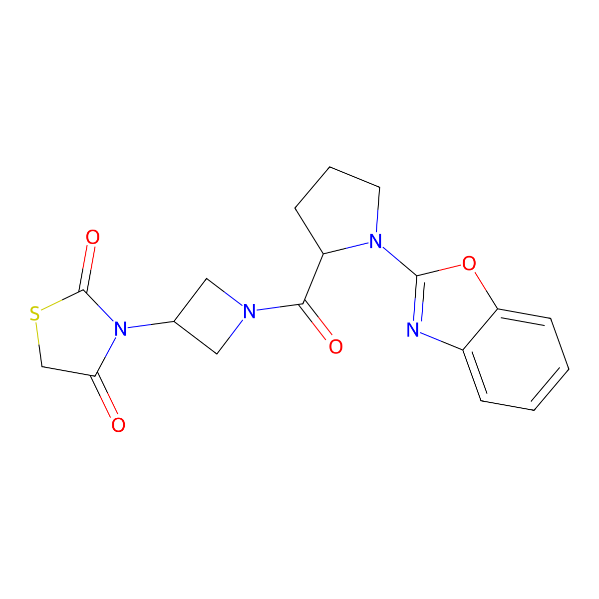 3-(1-(1-(Benzo[d]oxazol-2-yl)pyrrolidine-2-carbonyl)azetidin-3-yl)thiazolidine-2,4-dione molecular structure, CAS 2034200-98-9