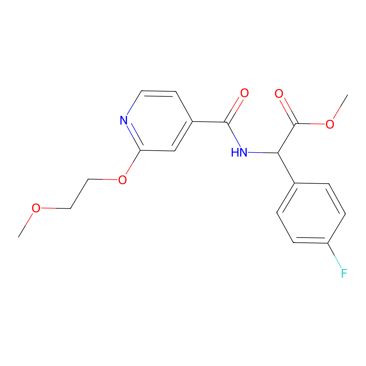 Methyl 2-(4-fluorophenyl)-2-(2-(2-methoxyethoxy)isonicotinamido)acetate molecular structure, CAS 2034201-03-9