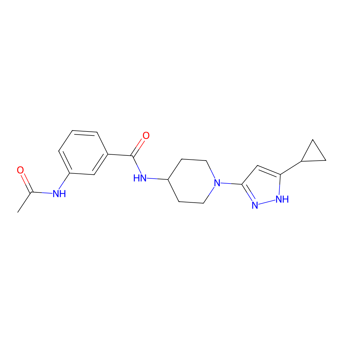 3-acetamido-N-(1-(5-cyclopropyl-1H-pyrazol-3-yl)piperidin-4-yl)benzamide molecular structure, CAS 2034201-06-2