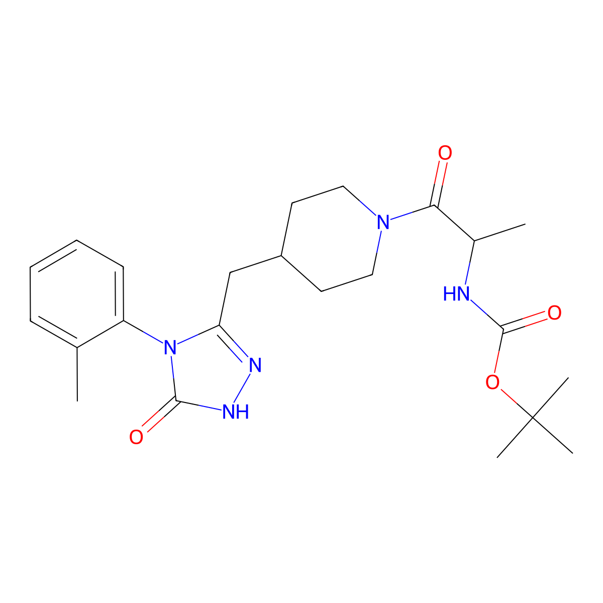 tert-butyl (1-oxo-1-(4-((5-oxo-4-(o-tolyl)-4,5-dihydro-1H-1,2,4-triazol-3-yl)methyl)piperidin-1-yl)propan-2-yl)carbamate molecular structure, CAS 2034201-09-5