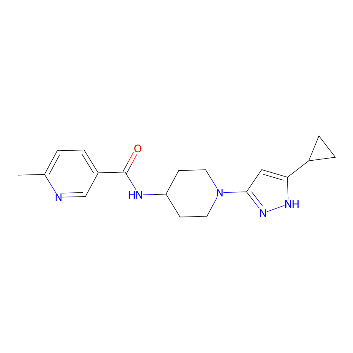 N-(1-(5-cyclopropyl-1H-pyrazol-3-yl)piperidin-4-yl)-6-methylnicotinamide molecular structure, CAS 2034201-13-1