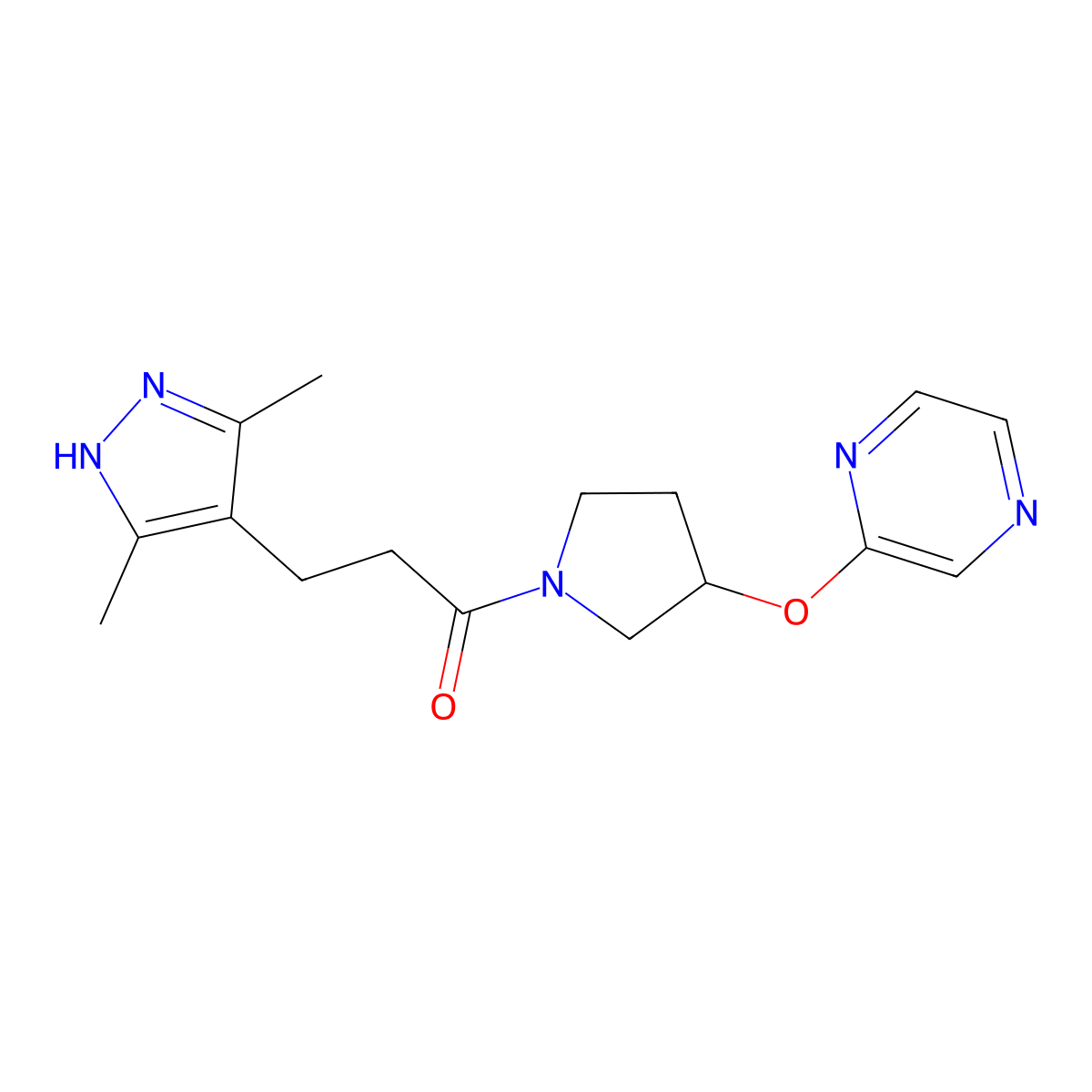 3-(3,5-dimethyl-1H-pyrazol-4-yl)-1-[3-(pyrazin-2-yloxy)pyrrolidin-1-yl]propan-1-one molecular structure, CAS 2034201-14-2