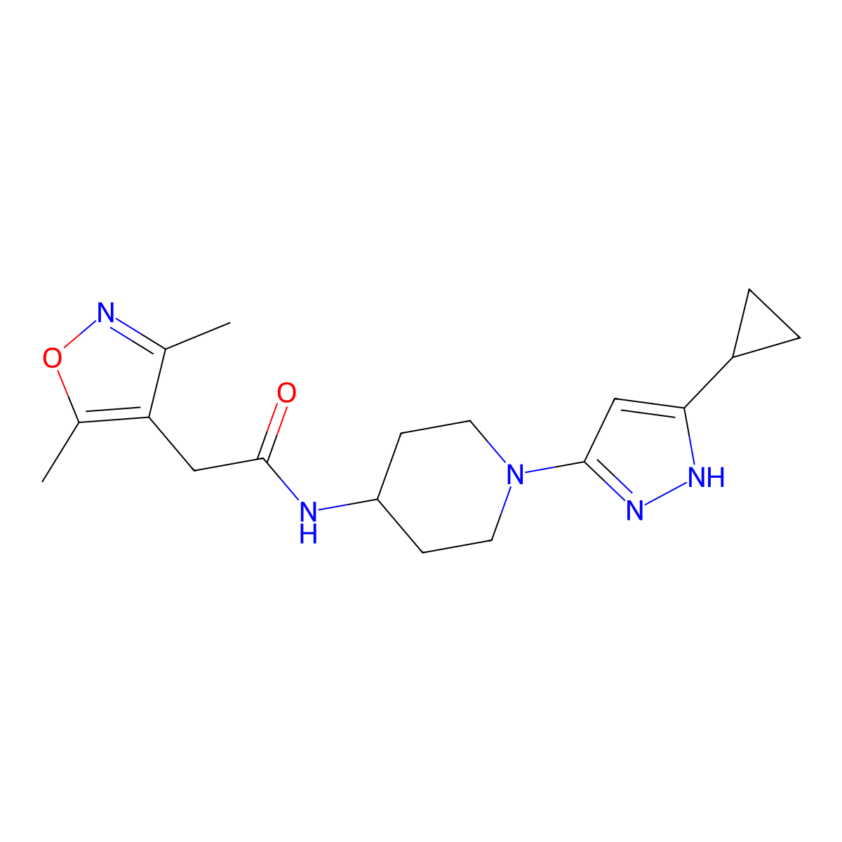N-(1-(5-cyclopropyl-1H-pyrazol-3-yl)piperidin-4-yl)-2-(3,5-dimethylisoxazol-4-yl)acetamide molecular structure, CAS 2034201-17-5