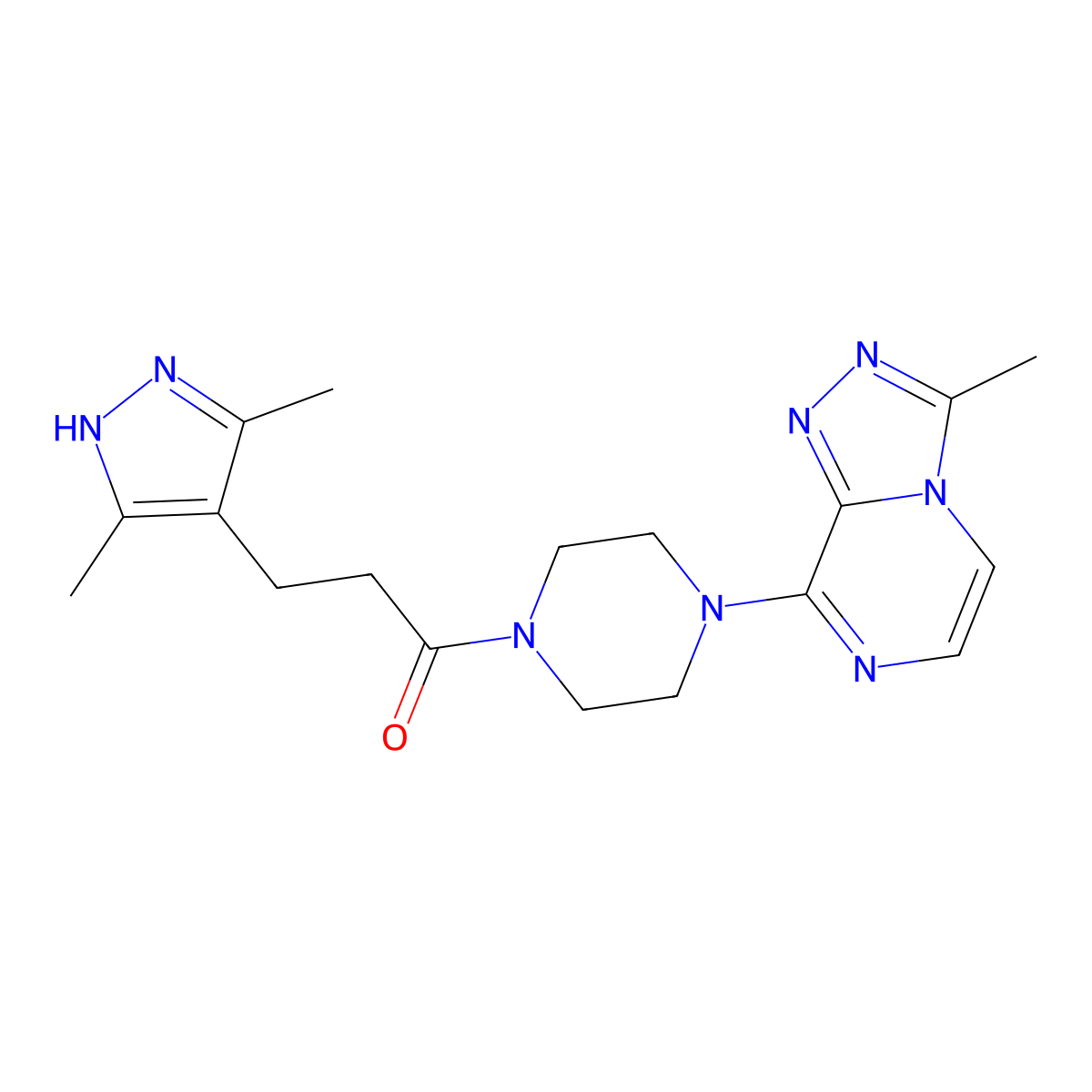 3-(3,5-dimethyl-1H-pyrazol-4-yl)-1-(4-(3-methyl-[1,2,4]triazolo[4,3-a]pyrazin-8-yl)piperazin-1-yl)propan-1-one molecular structure, CAS 2034201-19-7