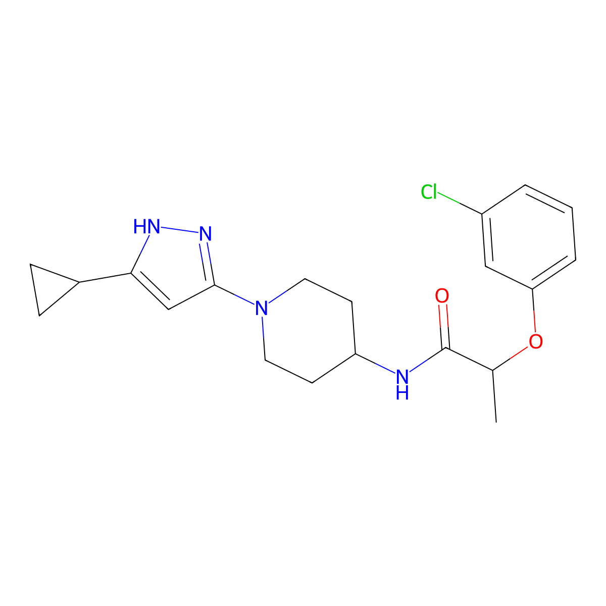 2-(3-chlorophenoxy)-N-[1-(5-cyclopropyl-1H-pyrazol-3-yl)piperidin-4-yl]propanamide molecular structure, CAS 2034201-20-0
