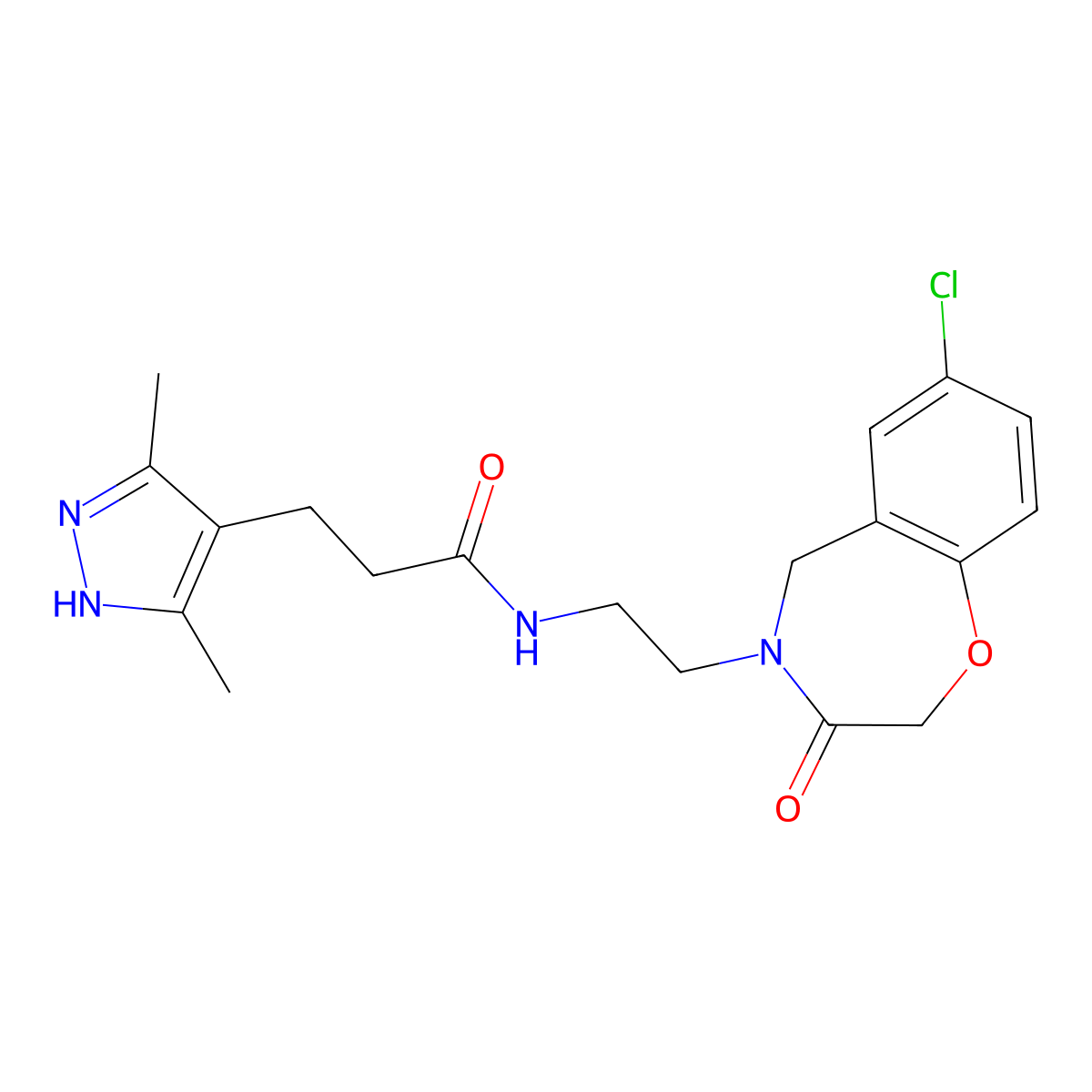 N-(2-(7-chloro-3-oxo-2,3-dihydrobenzo[f][1,4]oxazepin-4(5H)-yl)ethyl)-3-(3,5-dimethyl-1H-pyrazol-4-yl)propanamide molecular structure, CAS 2034201-26-6