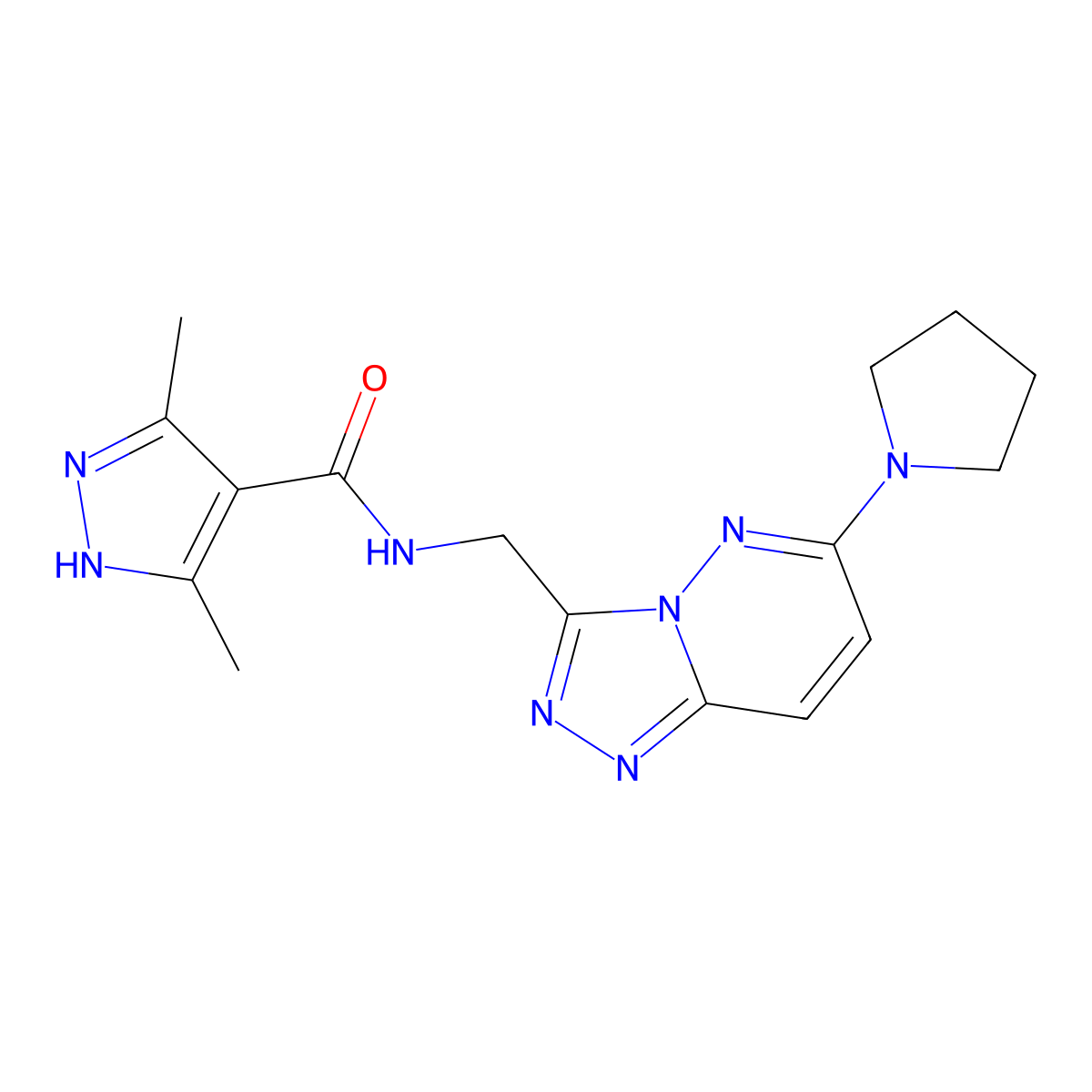 3,5-dimethyl-N-((6-(pyrrolidin-1-yl)-[1,2,4]triazolo[4,3-b]pyridazin-3-yl)methyl)-1H-pyrazole-4-carboxamide molecular structure, CAS 2034201-28-8