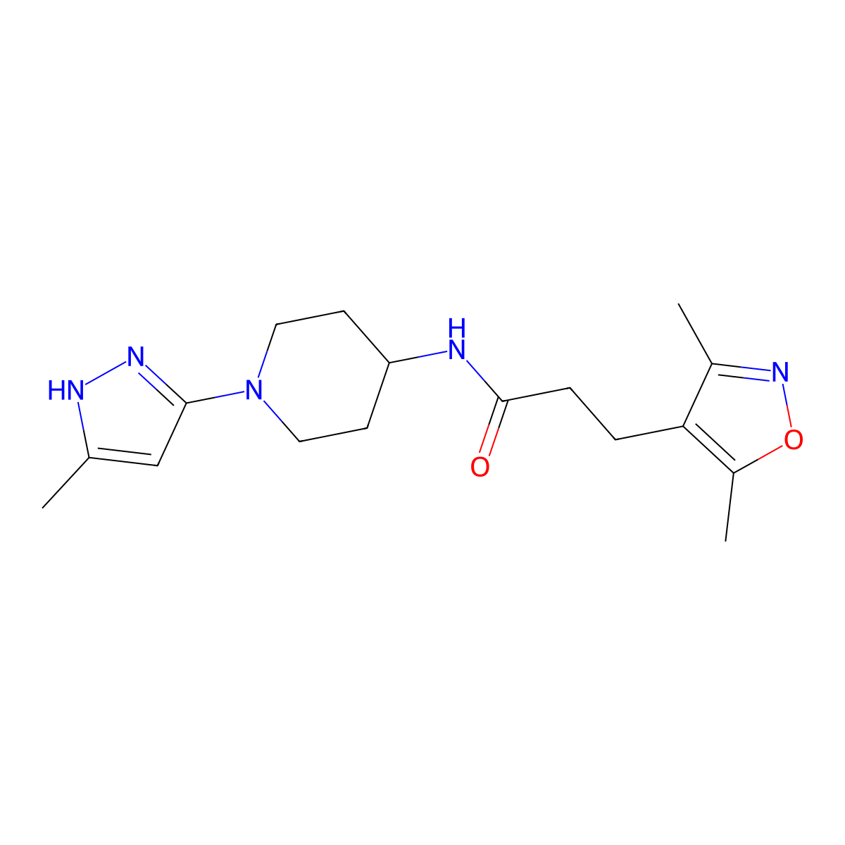3-(3,5-dimethylisoxazol-4-yl)-N-(1-(5-methyl-1H-pyrazol-3-yl)piperidin-4-yl)propanamide molecular structure, CAS 2034201-31-3