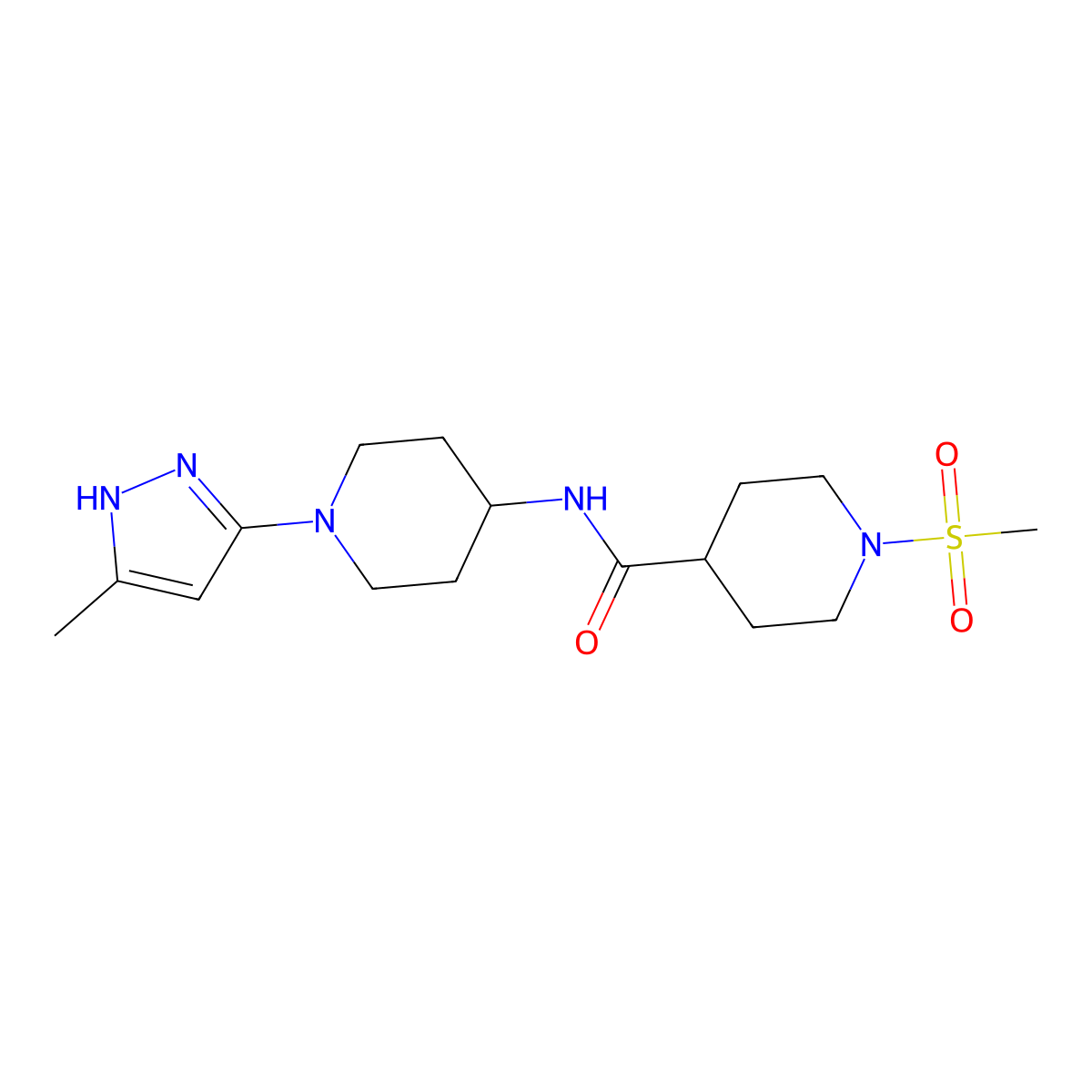 N-(1-(5-methyl-1H-pyrazol-3-yl)piperidin-4-yl)-1-(methylsulfonyl)piperidine-4-carboxamide molecular structure, CAS 2034201-36-8