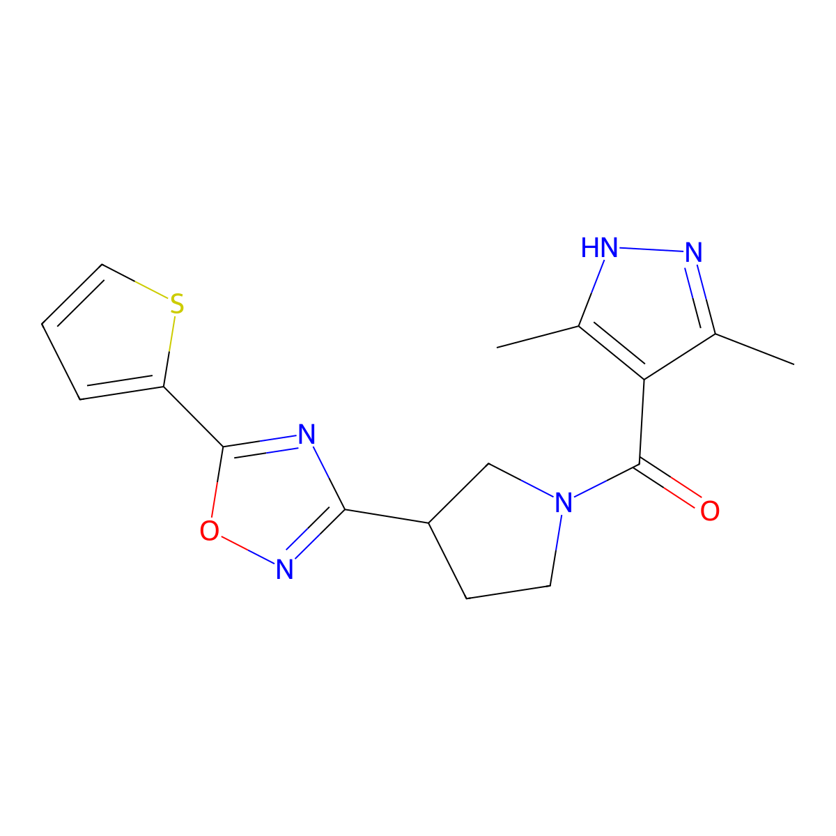 (3,5-dimethyl-1H-pyrazol-4-yl)(3-(5-(thiophen-2-yl)-1,2,4-oxadiazol-3-yl)pyrrolidin-1-yl)methanone molecular structure, CAS 2034201-37-9