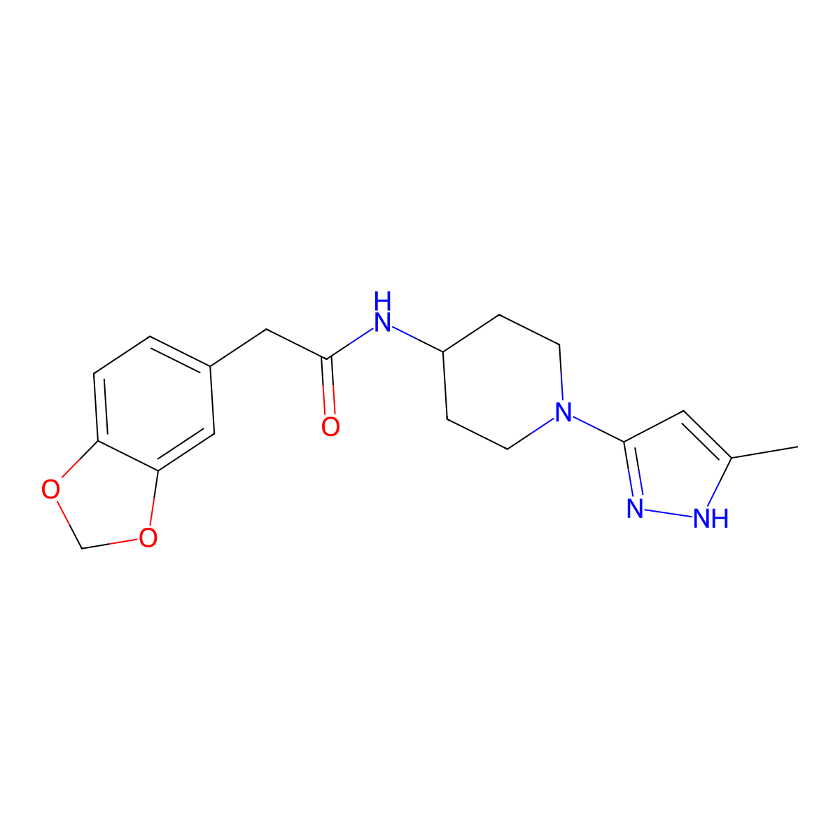 2-(benzo[d][1,3]dioxol-5-yl)-N-(1-(5-methyl-1H-pyrazol-3-yl)piperidin-4-yl)acetamide molecular structure, CAS 2034201-38-0