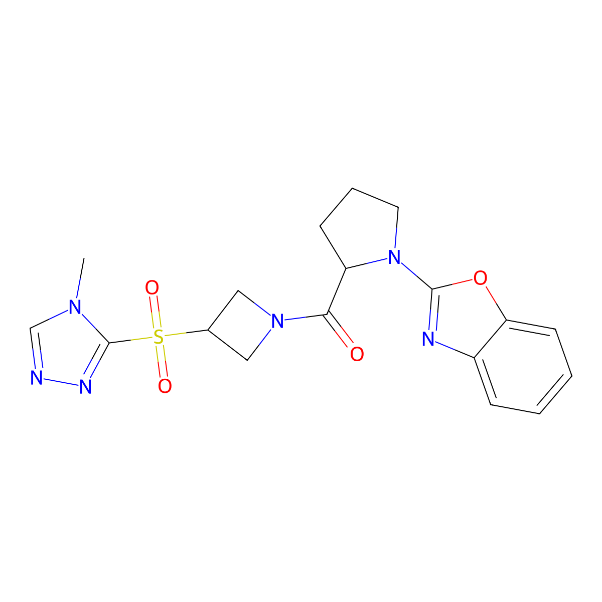 (1-(benzo[d]oxazol-2-yl)pyrrolidin-2-yl)(3-((4-methyl-4H-1,2,4-triazol-3-yl)sulfonyl)azetidin-1-yl)methanone molecular structure, CAS 2034201-39-1