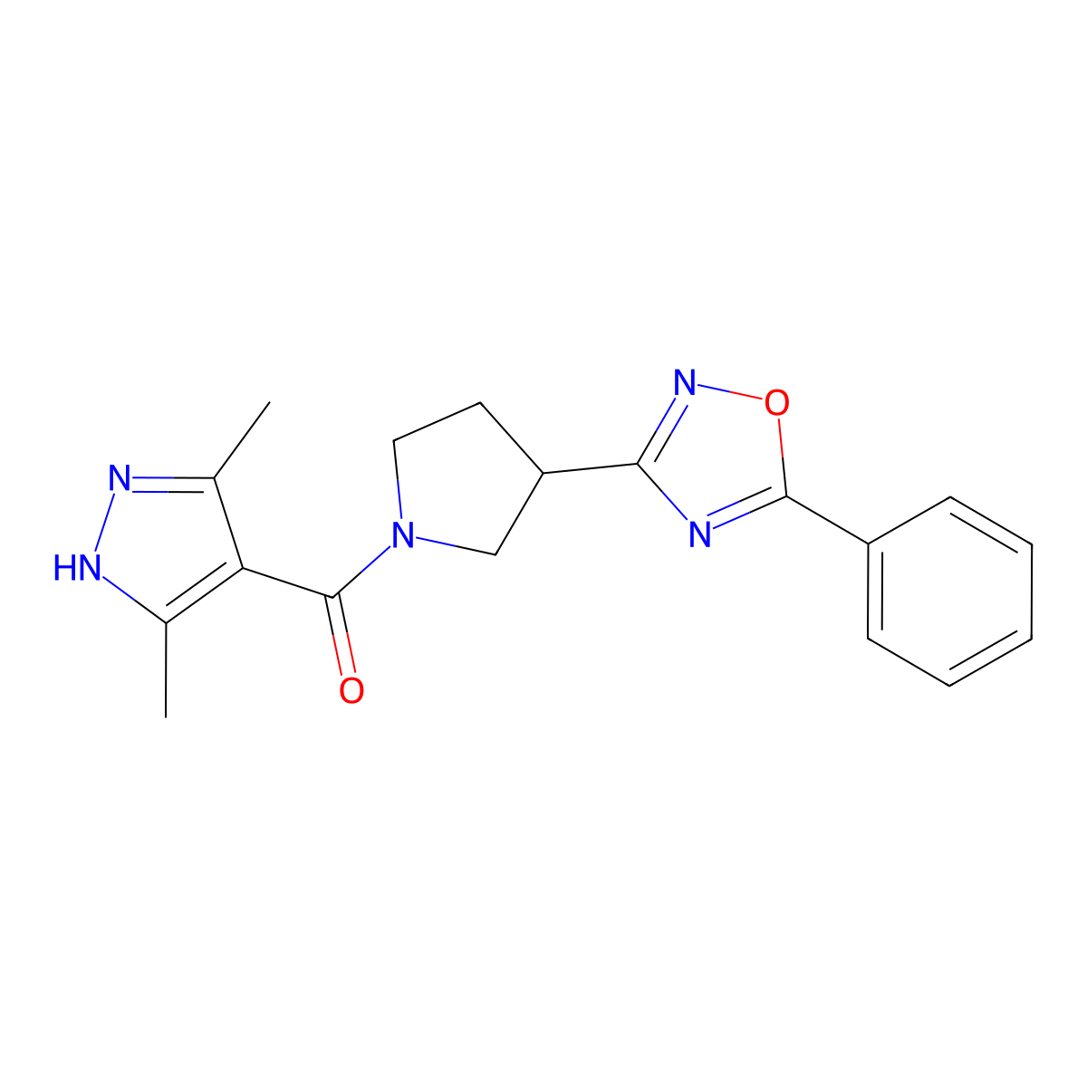 (3,5-dimethyl-1H-pyrazol-4-yl)(3-(5-phenyl-1,2,4-oxadiazol-3-yl)pyrrolidin-1-yl)methanone molecular structure, CAS 2034201-40-4
