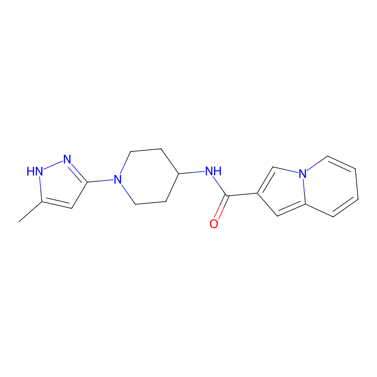 N-[1-(5-methyl-1H-pyrazol-3-yl)piperidin-4-yl]indolizine-2-carboxamide molecular structure, CAS 2034201-41-5