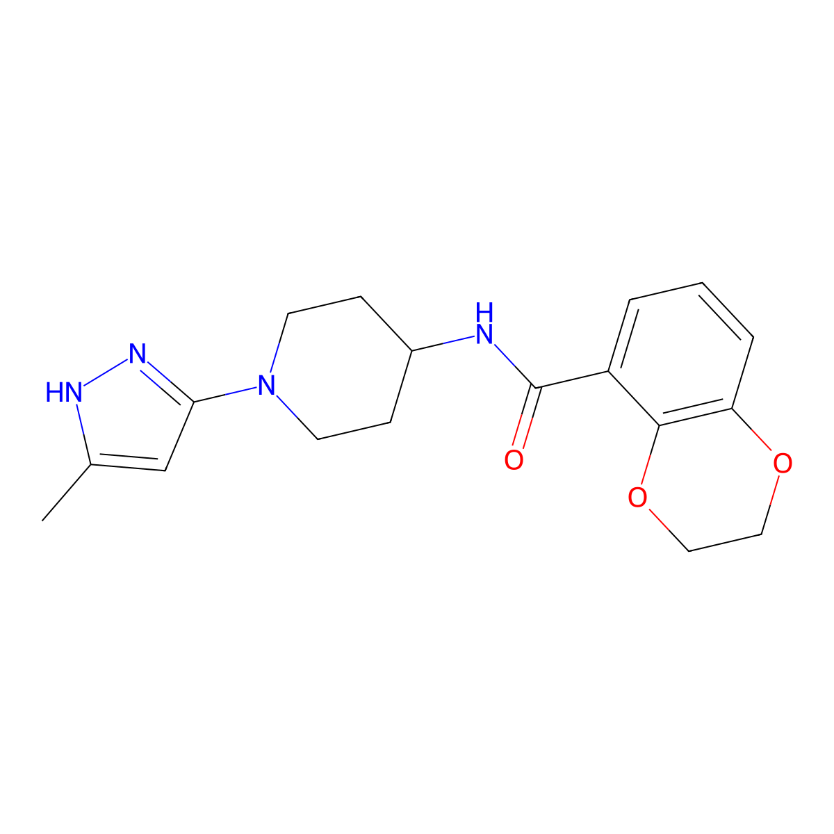 N-(1-(5-methyl-1H-pyrazol-3-yl)piperidin-4-yl)-2,3-dihydrobenzo[b][1,4]dioxine-5-carboxamide molecular structure, CAS 2034201-43-7