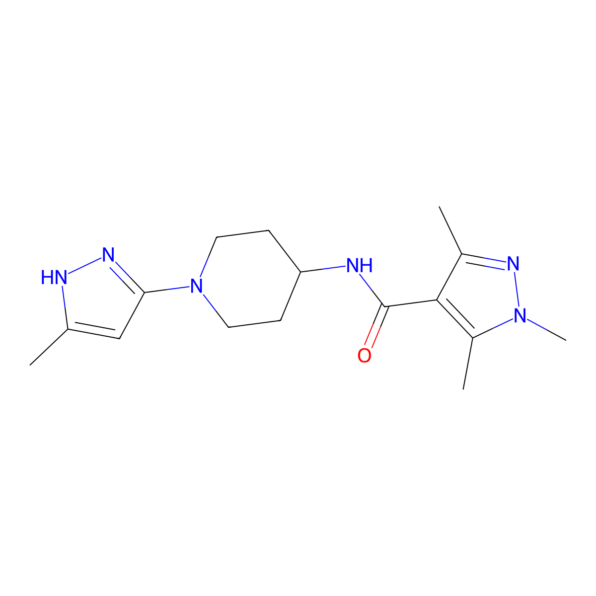 1,3,5-trimethyl-N-[1-(5-methyl-1H-pyrazol-3-yl)piperidin-4-yl]-1H-pyrazole-4-carboxamide molecular structure, CAS 2034201-45-9