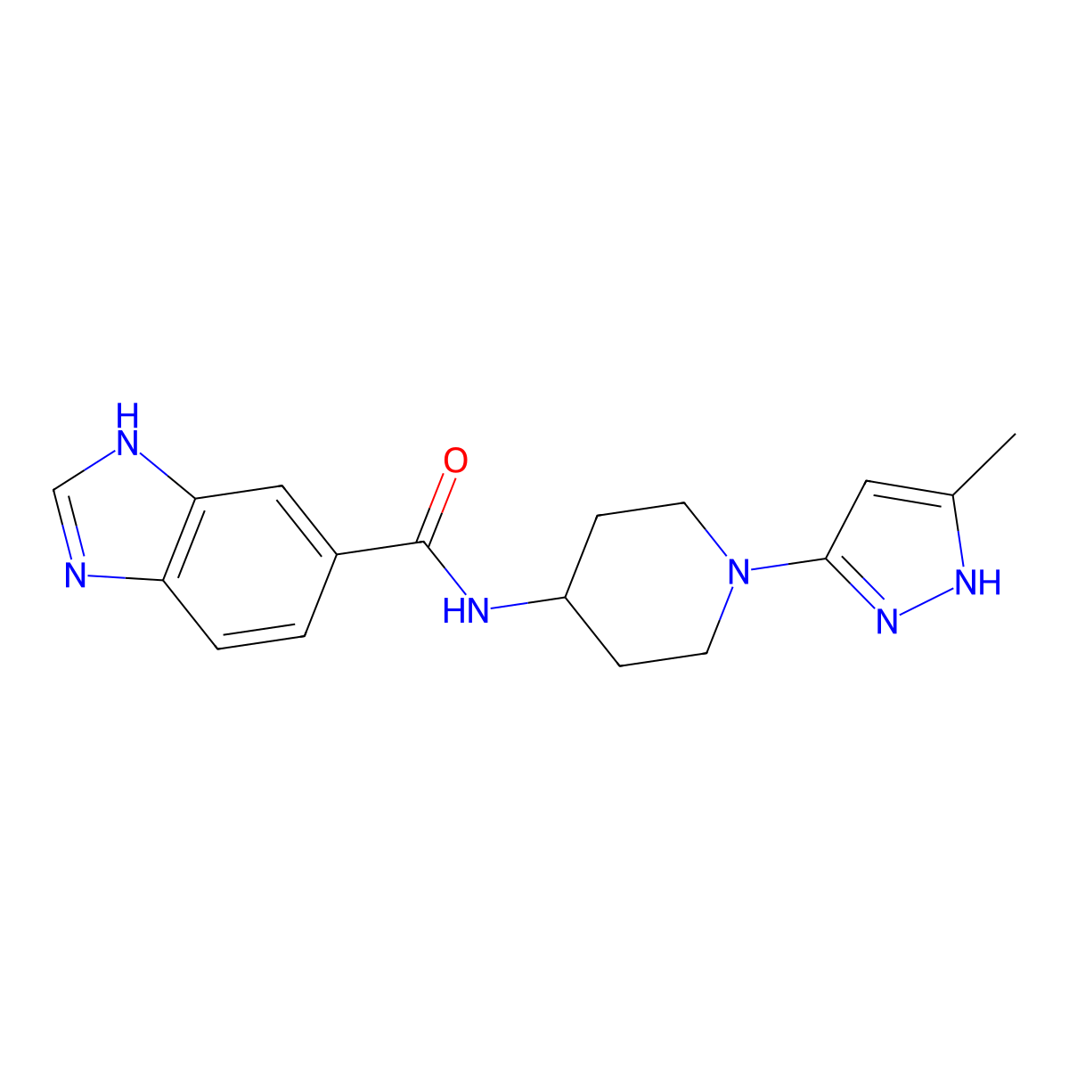 N-(1-(5-methyl-1H-pyrazol-3-yl)piperidin-4-yl)-1H-benzo[d]imidazole-5-carboxamide molecular structure, CAS 2034201-53-9