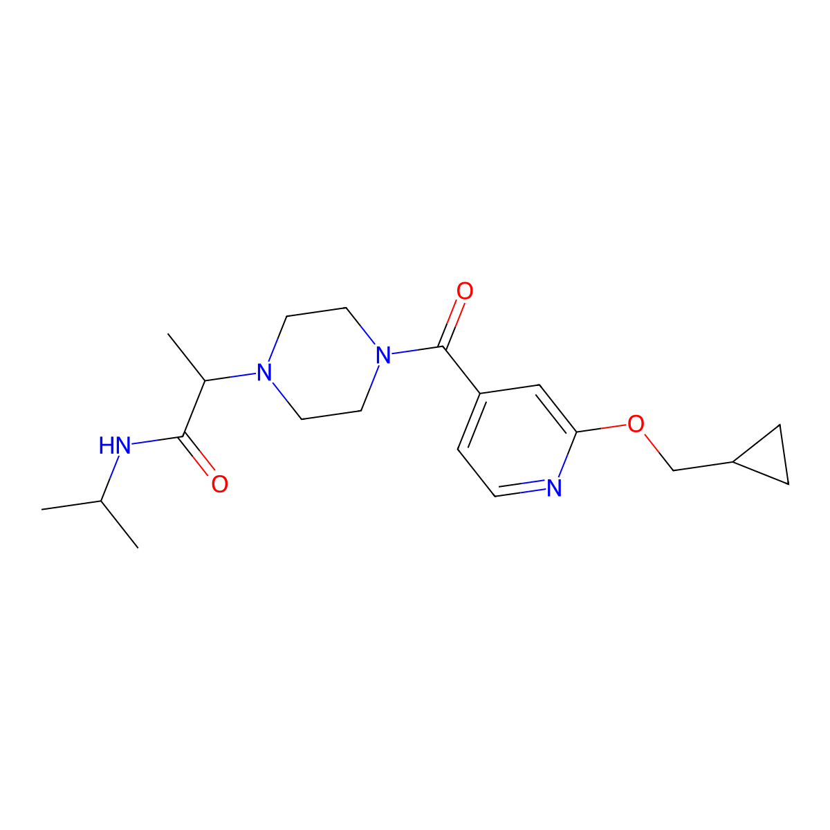 2-(4-(2-(cyclopropylmethoxy)isonicotinoyl)piperazin-1-yl)-N-isopropylpropanamide molecular structure, CAS 2034201-54-0
