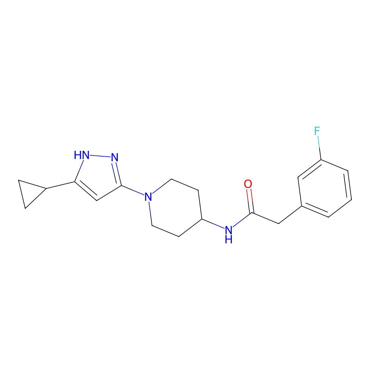 N-[1-(5-cyclopropyl-1H-pyrazol-3-yl)piperidin-4-yl]-2-(3-fluorophenyl)acetamide molecular structure, CAS 2034201-56-2