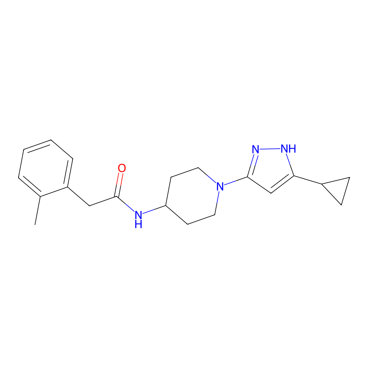N-(1-(5-cyclopropyl-1H-pyrazol-3-yl)piperidin-4-yl)-2-(o-tolyl)acetamide molecular structure, CAS 2034201-57-3