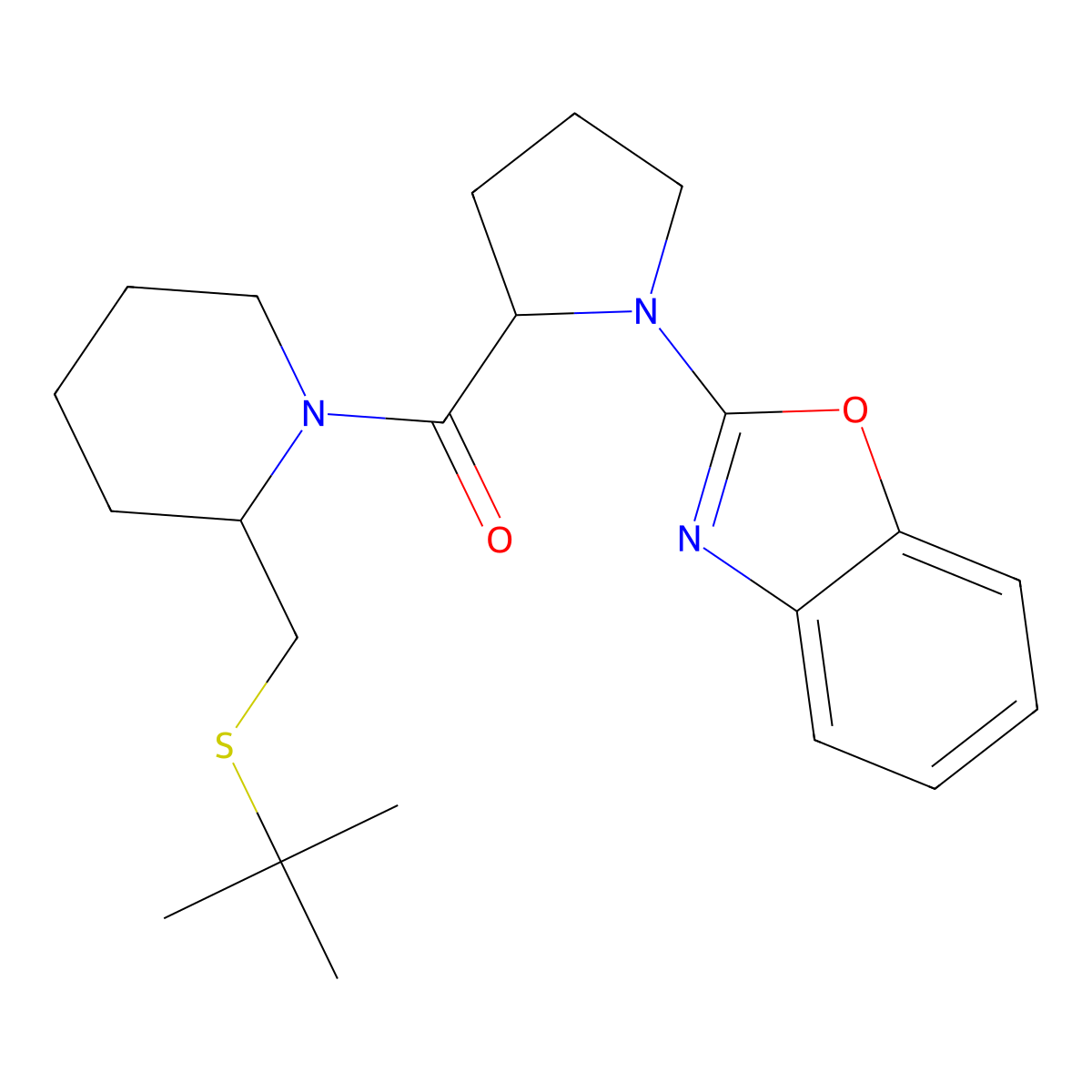(1-(Benzo[d]oxazol-2-yl)pyrrolidin-2-yl)(2-((tert-butylthio)methyl)piperidin-1-yl)methanone molecular structure, CAS 2034201-62-0