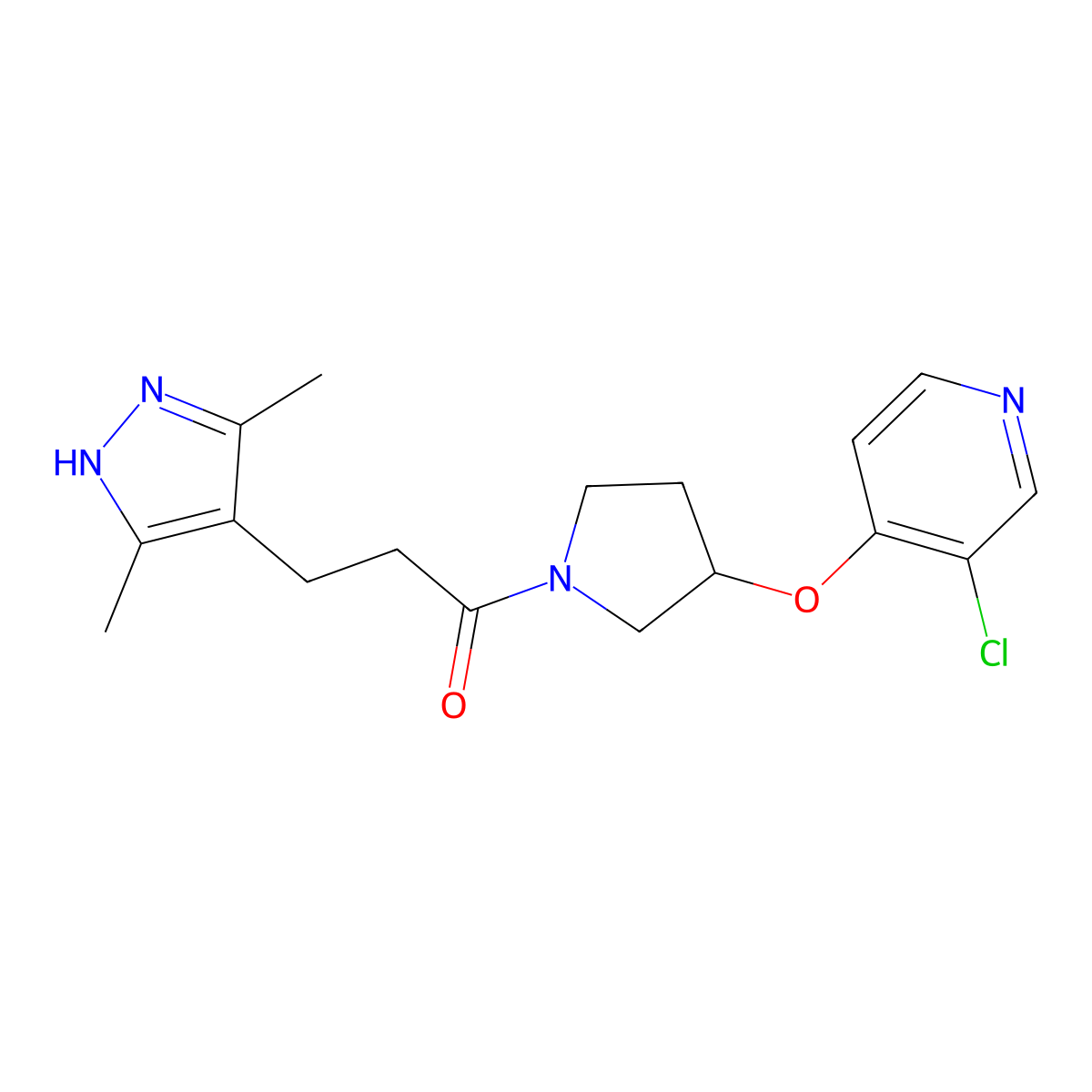 1-(3-((3-chloropyridin-4-yl)oxy)pyrrolidin-1-yl)-3-(3,5-dimethyl-1H-pyrazol-4-yl)propan-1-one molecular structure, CAS 2034201-66-4
