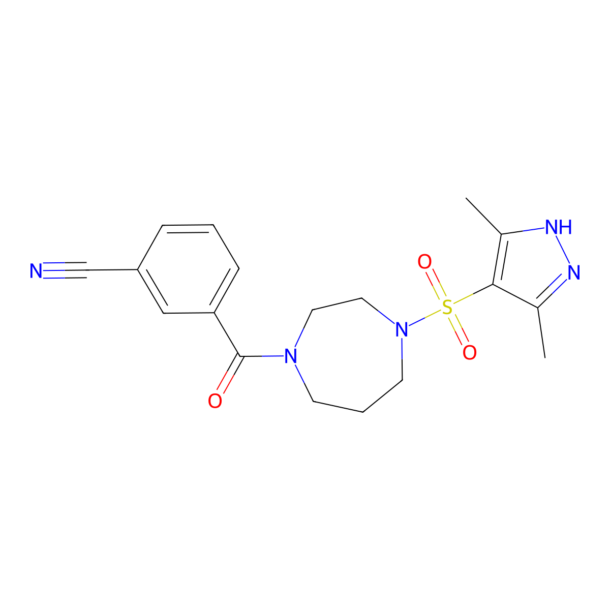 3-{4-[(3,5-dimethyl-1H-pyrazol-4-yl)sulfonyl]-1,4-diazepane-1-carbonyl}benzonitrile molecular structure, CAS 2034201-70-0